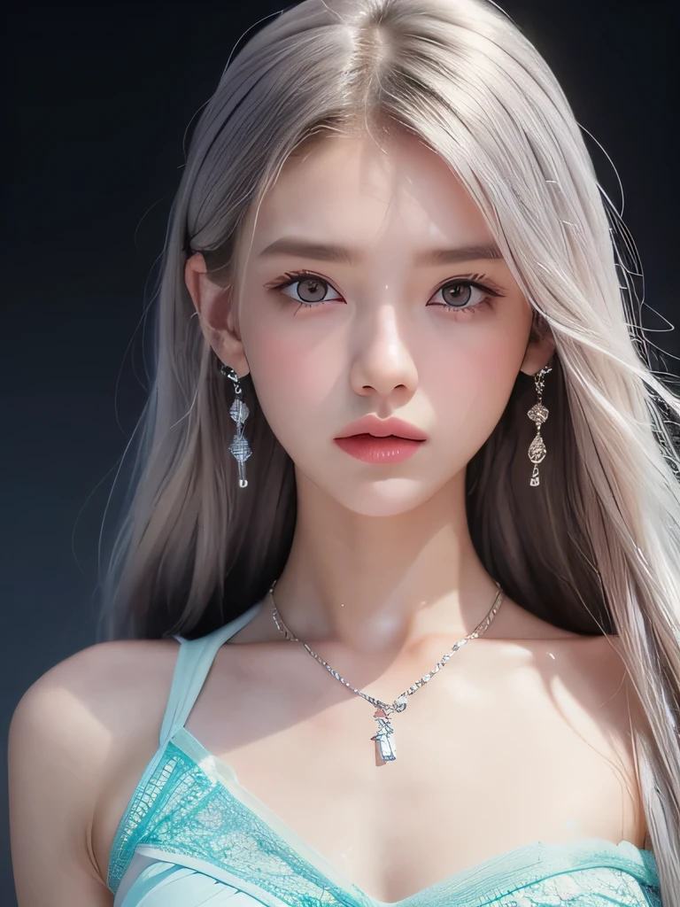 (masterpiece, highest quality:1.2), 8K, 85mm, Raw photo, confused, white and cyan theme, (liquid clothes, liquid dress:1.4), gray hair, gradient dress, delicate girl, Upper body, close your face, shiny skin, teen, looking at the viewer, HDR, sharp focus, particle, dusk sky, shiny skin, small eyes and face, colorful background, simple background、earrings、necklace、clavicle、straight long、straight perm、silver hair、