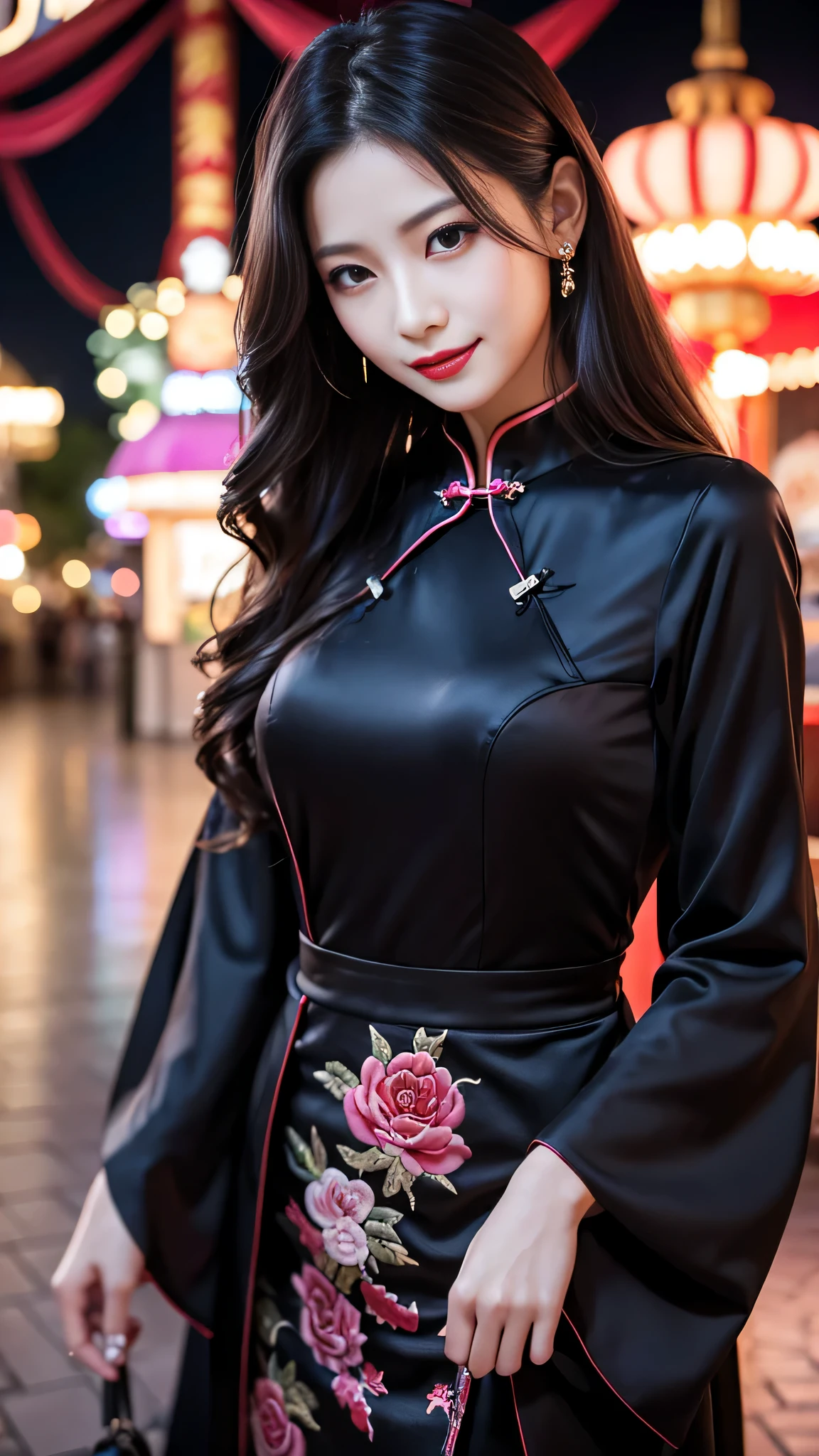 Super detailed、Japanese、charming beauty、seductive adult woman、Beautiful woman、sharp eyes、cool girl、wavy hair、long black cheongsam、wide sleeve、evilの幹部、evil depravity、brainwashing、Mind control、apply lipstick、grin、evilな表情、evil、empty eyes、evil、amusement park at night、vampire、vampire、Hypnosis、puppet