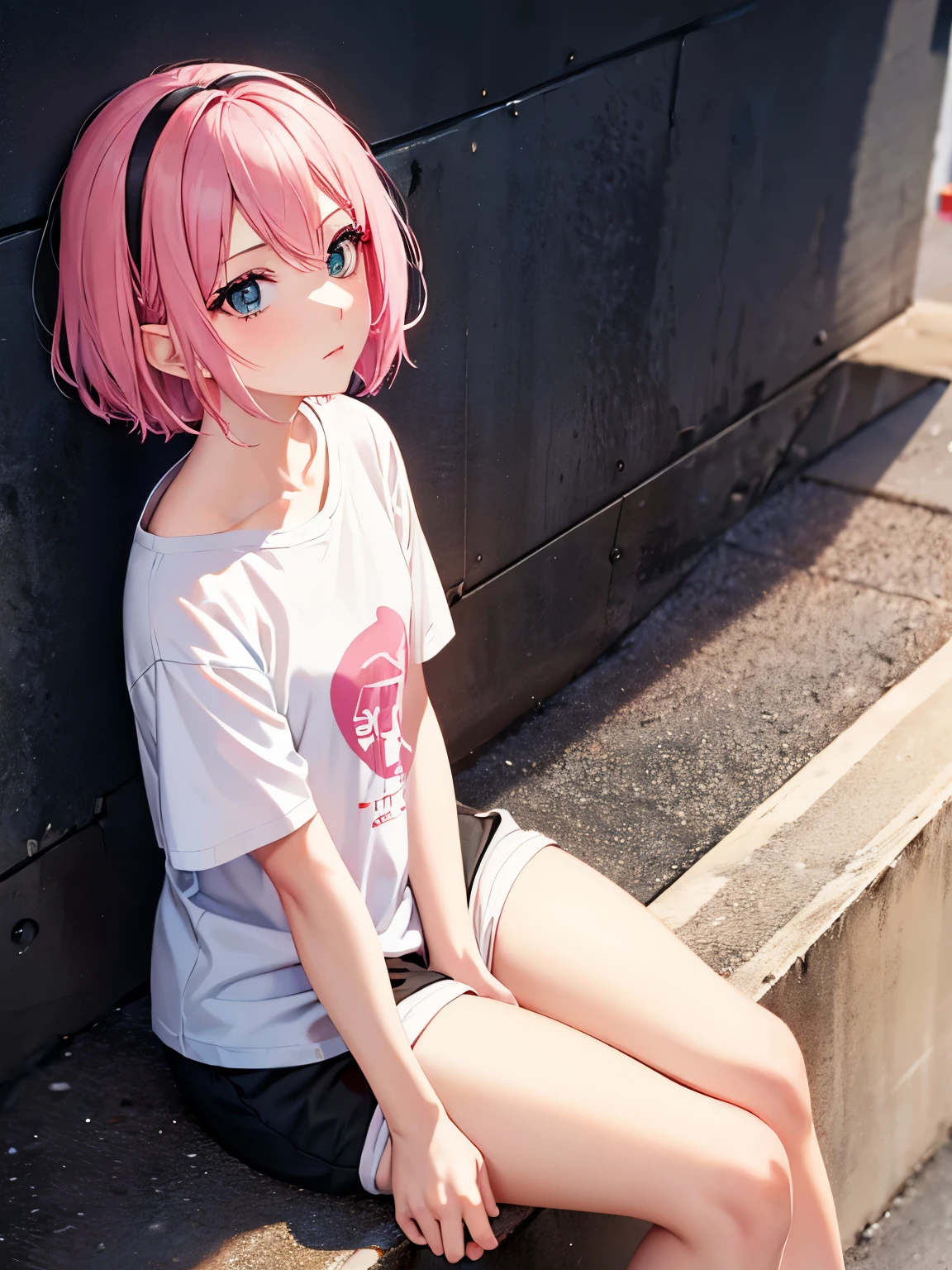 1 girl,Pink hair,Confused expression, sitting,half body photo,Middle parted hair, short hair,white t-shirt,white t-shirt,black shorts ,at the north pole,blizzard