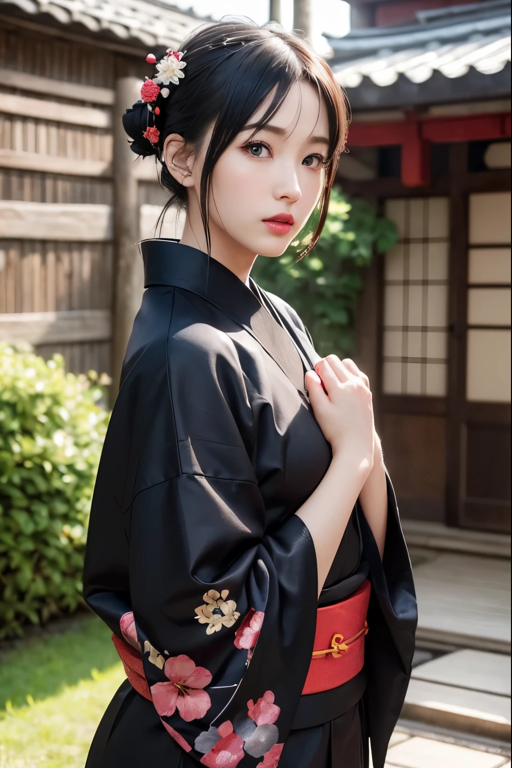 Tifa Lockhart, (black kimono:1.2)、(komono:1.2)、(with floral pattern)、(left hand's up) (left hand bringing Japanese katana), (long-sleeve)、1 girl、full bodyesbian、(red short-haired)、(reallistic:1.7)、((Top image quality))、absurderes、(超A high resolution)、(Photorealsitic:1.6)、Photorealsitic、octane renderings、(hyper realisitic:1.2)、(photorealiscic face:1.2)、(8k)、(4k)、(masterpiece)、(realistic skin textures)、(illustratio、Cinematographic lighting、wall-paper)、(beautiful eyes:1.2)、((((face perfect))))、(cute little)、(is standing)、red-lips、outside of house、(Japanese Style Country)、Detailed cute face、Realistic pretty woman