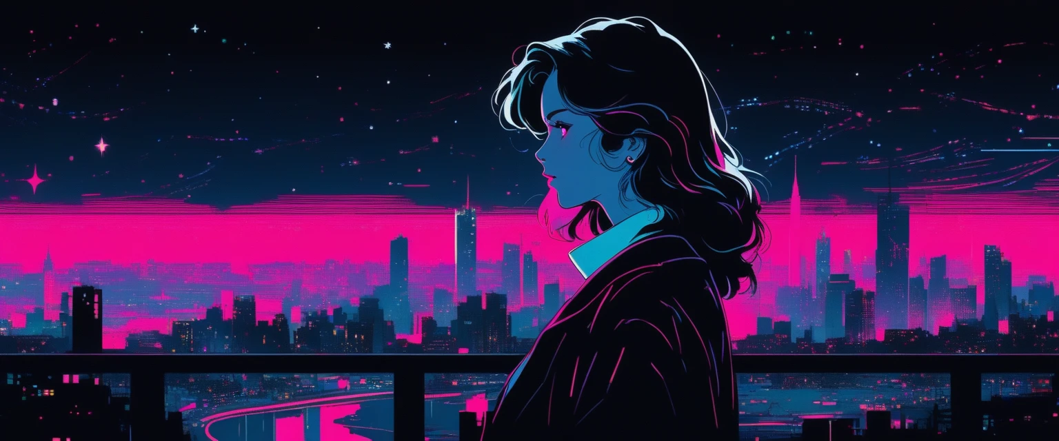A woman with a faint smile looking at someone under the dark night sky of the city, delicate, neon, retro