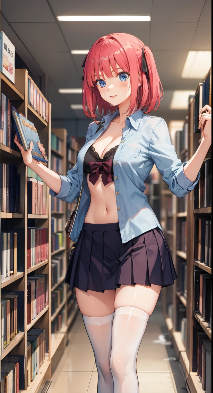 nakano nino, short hair, medium breast, slim legs, happy, cleavage, short skirt, navel, blue eyes, school uniform, thigh high socks, standing, library, pink hair