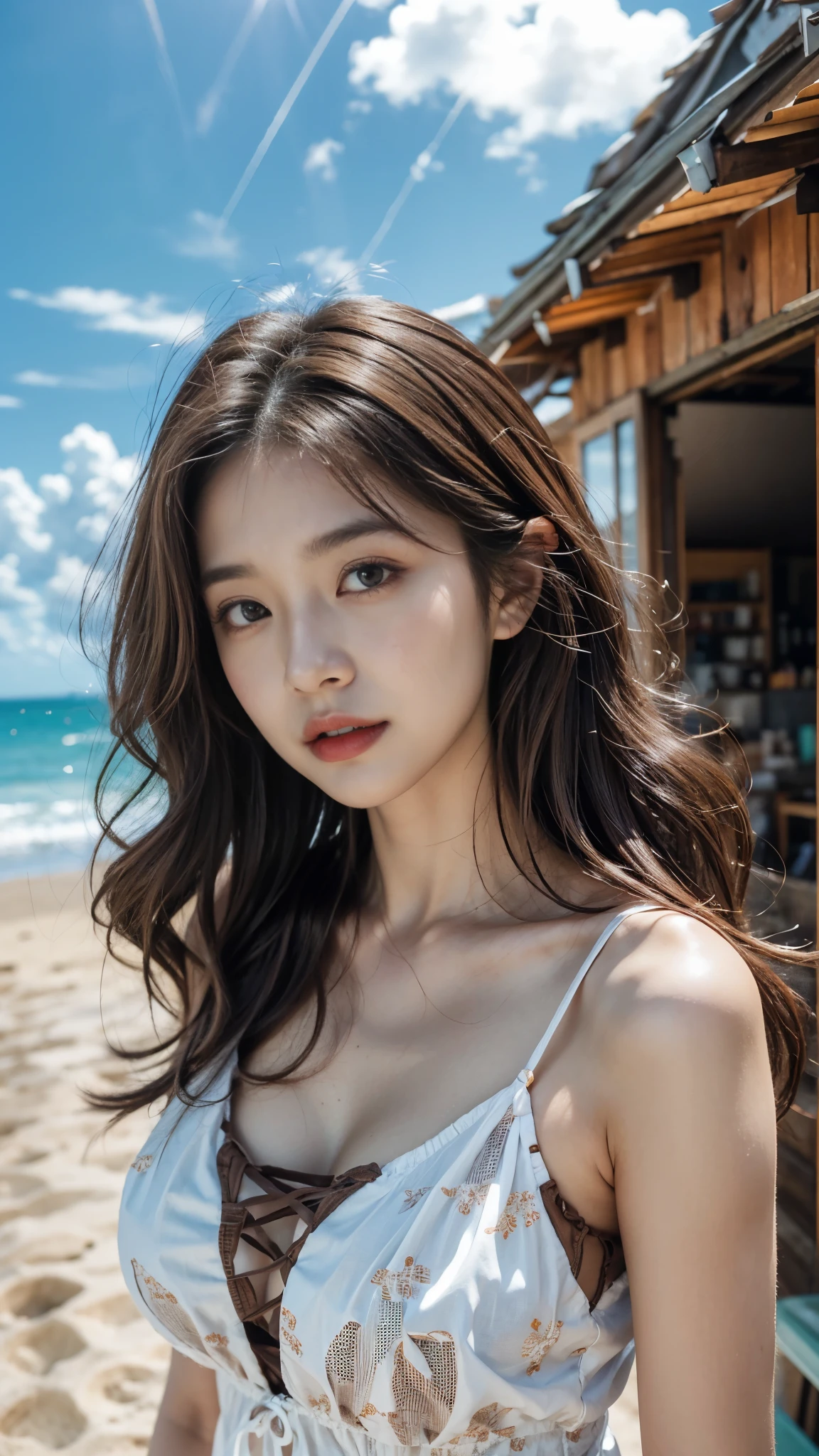 1 woman 40 years old、(((Bright brown hair)))、（curl hair)、((the wind is blowing strongly))、A beach house with strong sunlight、thin fabric dress、big breasts、