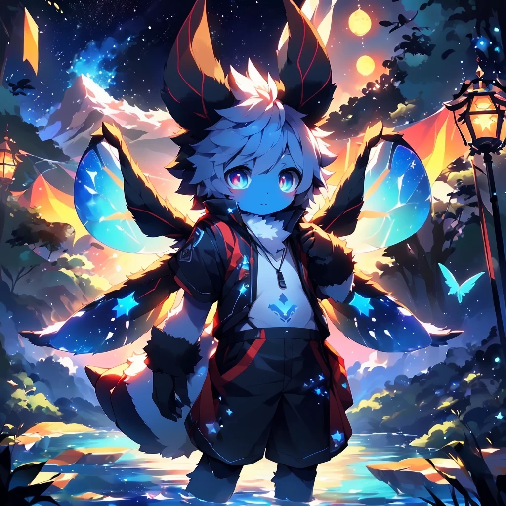 arthropods, insect, Lepidoptera, moth, 4 arms, 4 wings, antenna (anatomy), human nature, arthropods abdomen, chest Tufted, digital level, finger, fluffy, fur, antenna, hair, long antenna, male, Dobby, multiple limbs, Multi wings, blue guts, Blue mouth, Sky, Star, Starry Sky, Tufted, wing, Shota, boys, arthropods claws, glitter scale powder, Dense forest, lakeside, first quarter moon, arthropods abdomen stinger, arthropods carapace, looking at the audience, perfect portrait, moth wing, Star tattoo, x-shaped pupils, Slender figure, Fly in the air, short sleeves, shorts, clothing, (floating, flight attitude), teen body type, Ultra-thin size, Belly button tattoo, Ray tracing, chiaroscuro, anime style, realism, masterpiece, anatomy上正确的, best quality, 16K, ultra high definition, precise, Super details, high detail, High resolution, Award-winning