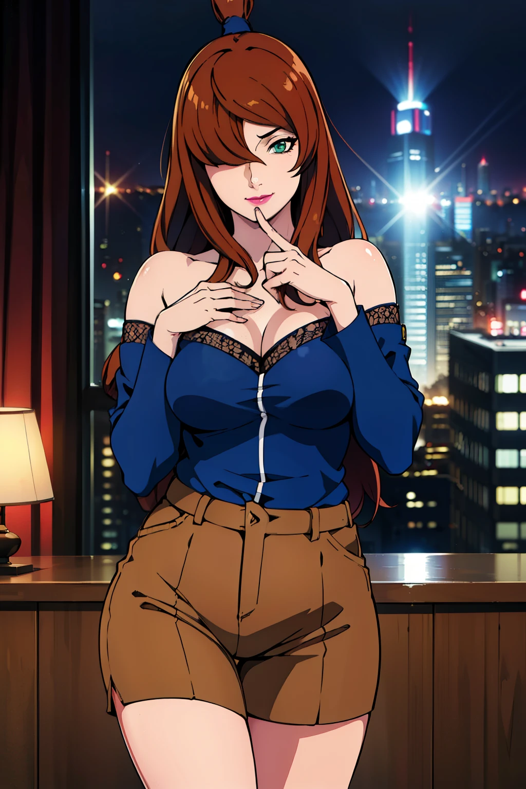 (blue office suit), (brown short pants), office room background, night time, mei terumi, oda non style, anime cels style, smiling, long hair, brown hair, (ponytail hair), green eyes, ((hair over one eye)), (pink lipstick), best quality, high resolution, (cowboy shot, 1 girl, 30yo,Young female,Beautiful Finger,Beautiful long legs,Beautiful body, Beautiful Nose,Beautiful character design, perfect eyes, perfect face,expressive eyes, perfect balance, looking at viewer,(Focus on her face), official art,extremely detailed CG unity 8k wallpaper, perfect lighting,Colorful, Bright_Front_face_Lighting,White skin, (masterpiece:1.0),(best_quality:1.0), ultra high res,4K,ultra-detailed, photography, 8K, HDR, highres, absurdres:1.2, Kodak portra 400, film grain, blurry background, bokeh:1.2, lens flare, (vibrant_color:1.2),professional photograph, (Beautiful,large_Breasts:1.4), (beautiful_face:1.5),(narrow_waist)