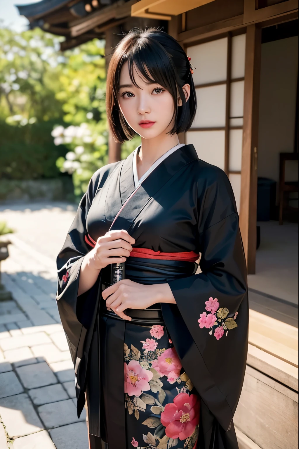 Tifa Lockhart, (black kimono:1.2)、(komono:1.2)、(with floral pattern)、(left hand's up) (left hand bringing Japanese katana sword), (long-sleeve)、1 girl、full bodyesbian、(red short-haired)、(reallistic:1.7)、((Top image quality))、absurderes、(超A high resolution)、(Photorealsitic:1.6)、Photorealsitic、octane renderings、(hyper realisitic:1.2)、(photorealiscic face:1.2)、(8k)、(4k)、(masterpiece)、(realistic skin textures)、(illustratio、Cinematographic lighting、wall-paper)、(beautiful eyes:1.2)、((((face perfect))))、(cute little)、(is standing)、red-lips、outside of house、(Japanese Style Country)、Detailed cute face、Realistic pretty woman
