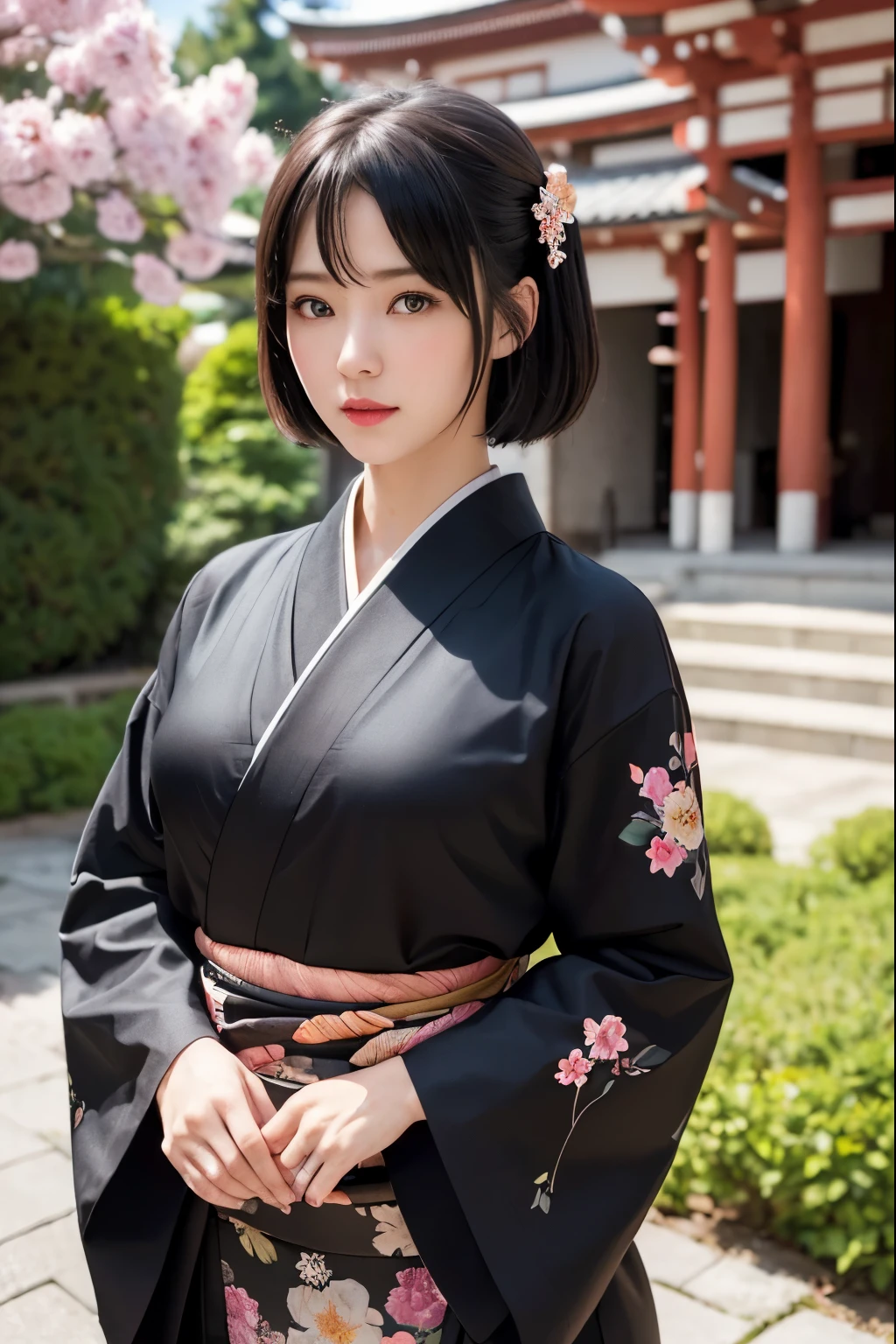Tifa Lockhart, (black kimono:1.2)、(komono:1.2)、(with floral pattern)、(left hand's up) (left hand bringing Japanese katana sword), (long-sleeve)、1 girl、full bodyesbian、(red short-haired)、(reallistic:1.7)、((Top image quality))、absurderes、(超A high resolution)、(Photorealsitic:1.6)、Photorealsitic、octane renderings、(hyper realisitic:1.2)、(photorealiscic face:1.2)、(8k)、(4k)、(​masterpiece)、(realistic skin textures)、(illustratio、Cinematographic lighting、wall-paper)、(beautiful eyes:1.2)、((((face perfect))))、(cute little)、(is standing)、red-lips、outside of house、(Japanese Style Country)、Detailed cute face、Realistic pretty woman