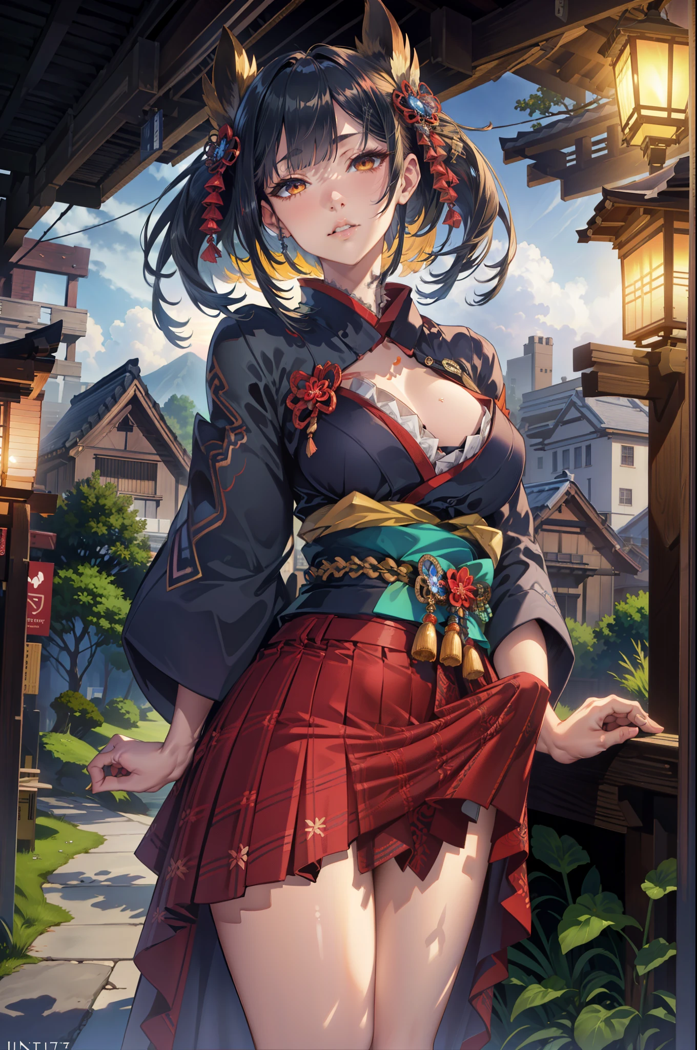 (extremely detailed CG unity 4k wallpaper),(masterpiece),(best quality),(ultra-detailed),(best illustration),(best shadow),(absurdres),(detailed background), skirt, cloth bulge futanari, Detailed face, Detailed hair, Japanese, Arrogant, Rich, Mansion setting, hime hair cut, black hair,