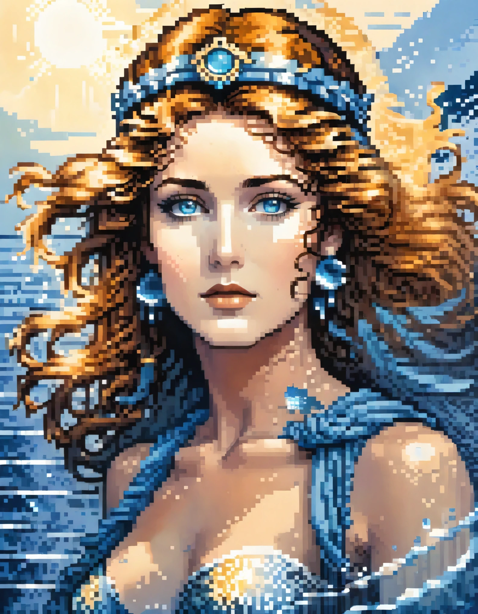 pixel art,in style of Apollonia Saintclair, beautiful details，Beautiful goddess Athena in a blue gradient color of dissolved pixels，（whole body），Extraordinarily beautiful blue eyes，gradually decompose，Golden sunshine shines in，Partial reflection in water，