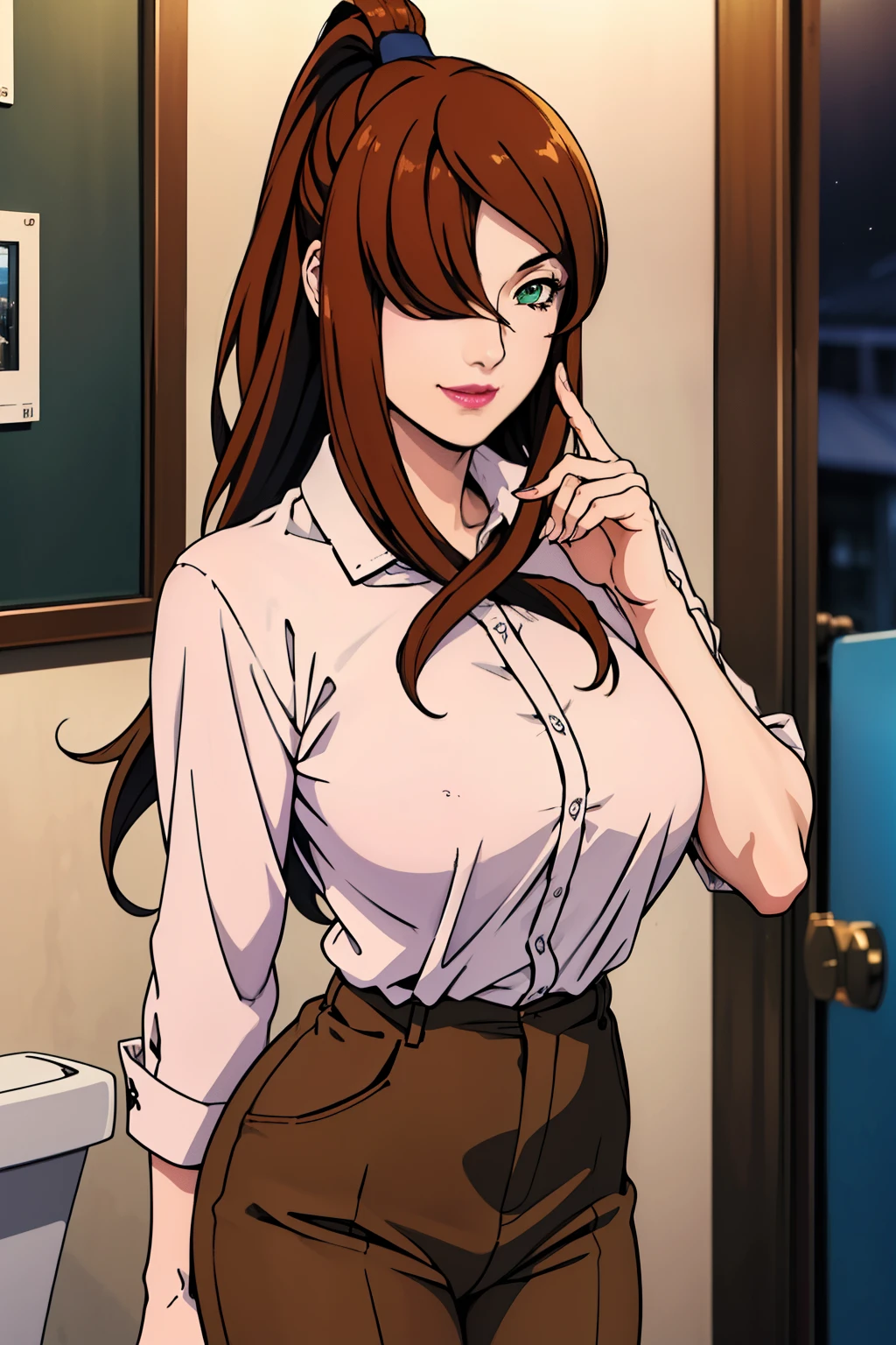 (blue formal office shirt), (brown short pants), toilet room background, night time, mei terumi, oda non style, anime cels style, smiling, long hair, brown hair, (ponytail hair), green eyes, ((hair over one eye)), (pink lipstick), best quality, high resolution, (cowboy shot, 1 girl, 30yo,Young female,Beautiful Finger,Beautiful long legs,Beautiful body, Beautiful Nose,Beautiful character design, perfect eyes, perfect face,expressive eyes, perfect balance, looking at viewer,(Focus on her face), official art,extremely detailed CG unity 8k wallpaper, perfect lighting,Colorful, Bright_Front_face_Lighting,White skin, (masterpiece:1.0),(best_quality:1.0), ultra high res,4K,ultra-detailed, photography, 8K, HDR, highres, absurdres:1.2, Kodak portra 400, film grain, blurry background, bokeh:1.2, lens flare, (vibrant_color:1.2),professional photograph, (Beautiful,large_Breasts:1.4), (beautiful_face:1.5),(narrow_waist)