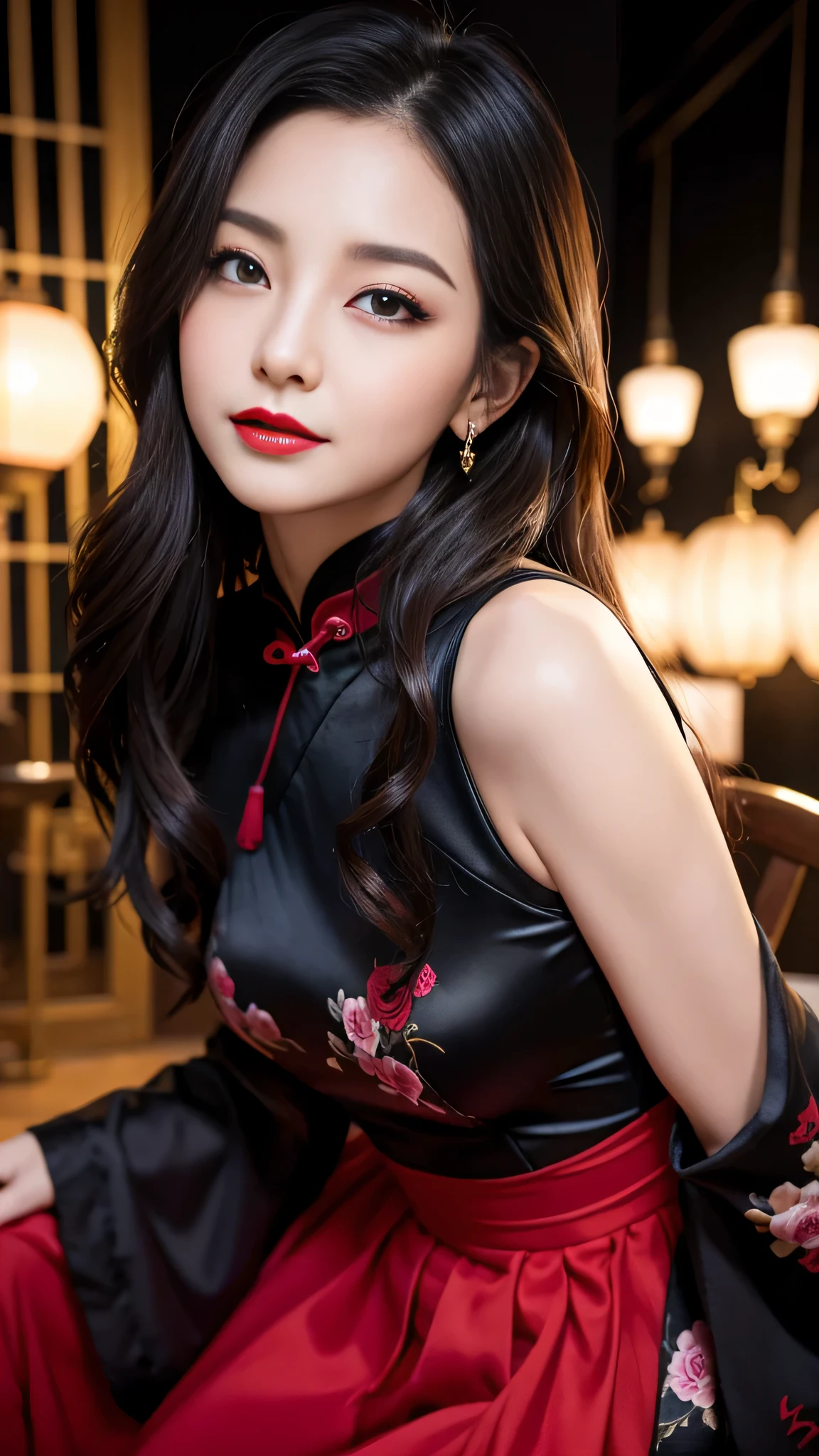 tra-detailed、Japanese、Attractive beauty、seductive adult woman、Pretty Woman、piercing eyes、cool girl、wavy hair、swept bangs、Long Black Cheongsam、Wide sleeves、Evil cadres、Fallen into evil、brainwash、mind control、lipstick、lip gloss、dark makeup、smirk、Whisper in my ear、Evil expression、evil、hollow eyes,half-closed eyes、empty eyes、evil、church at night、Vampire、succubus、vampire、Swear allegiance、sexy pose、hair ornaments、