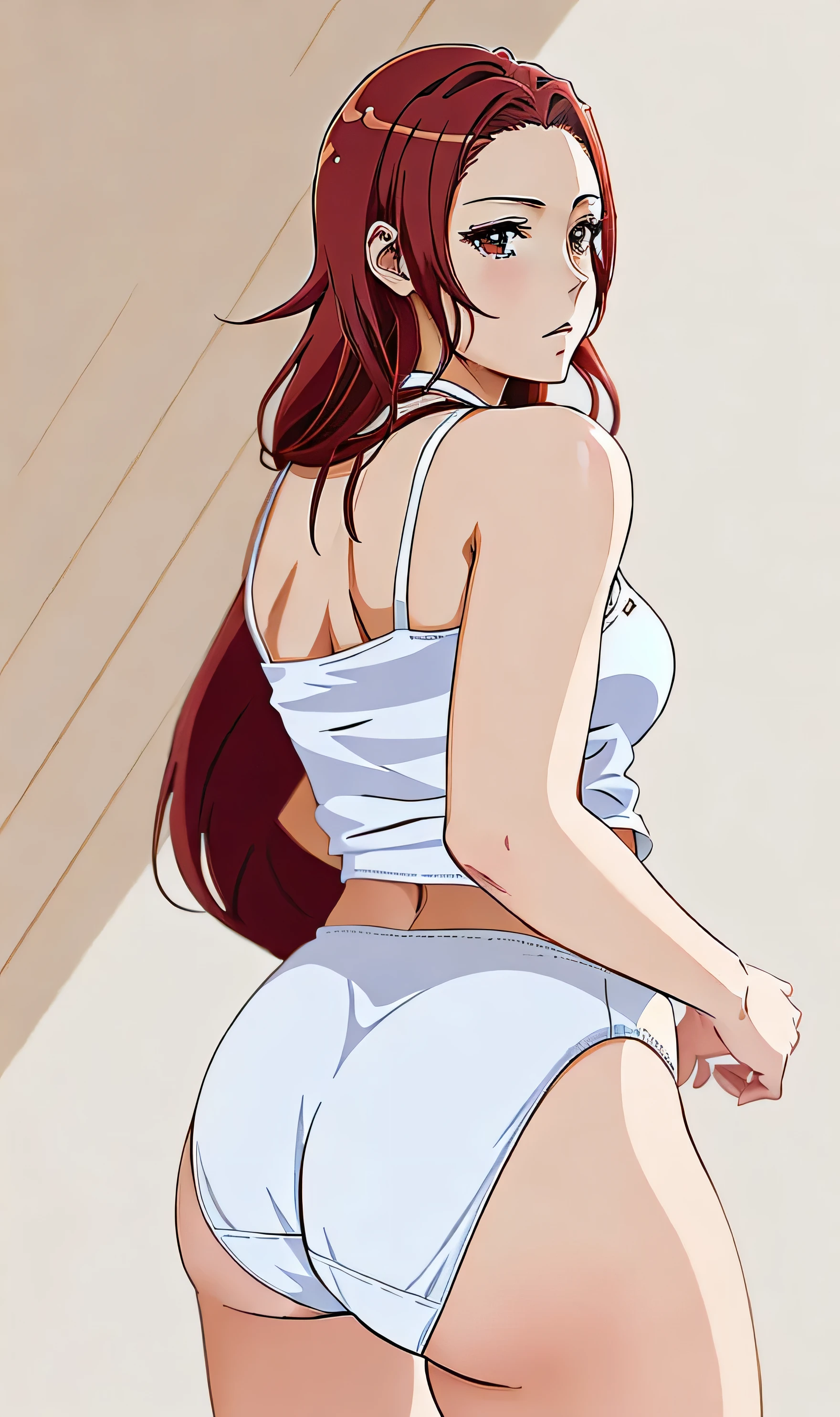 ((((masterpiece, best quality)))), ((33 year old)), (((Curvy))), ((Latina with long red hair)), in ((white tanktop)), ((white high cut fullback panties)), ((Large Hips)), ((Standing in a messy bedroom)), ((((anime art style))))