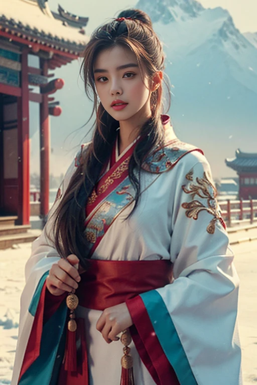 best quality， masterpiece， high resolution，8K，（realistically：1.4），超high resolution，1 girl，(Ultra-realistic skin maps)， Super detailed， Surreal， Very detailed CG illustrations， official art， light，long brown hair，beautiful eyes， actual， beautiful young girl， Perfect body， Perfect body， Full view， Perfect body，enjoy expression，（start from below：1.3）， posture， Sexy long legs， confidence， Beautiful and sexy， (Gorgeous Chinese Hanfu，cropped shoulder，S body posture， Blushed， chapped lips，five fingers， view viewer ， half body shot ， (fur-edged cloak) ，(Ancient Chinese pavilions)，It snowed heavily，The ground is covered with snow，Snow falling in the air，