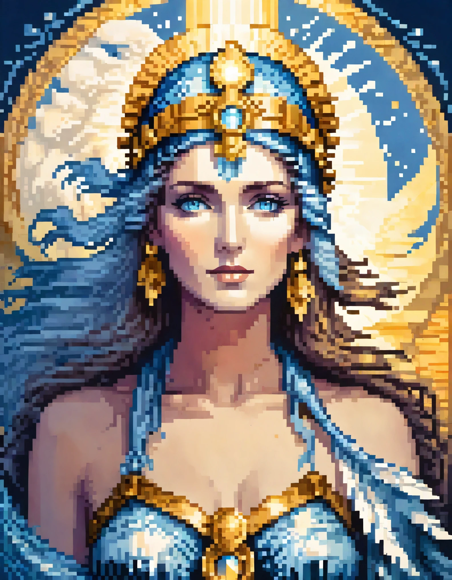 pixel art,in style of Agnes Lawrence Pelton, beautiful details,Beautiful goddess Athena in a blue gradient color of dissolved pixels,(whole body),Extraordinarily beautiful blue eyes,gradually decompose,Golden sunshine shines in,Partial reflection in water,