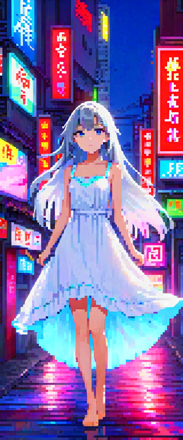 1girl, gray hair、long hair、Ahoge、Seven colored hair、Eyes of seven colors、white dress、barefoot、Neon Night、neon sign、City、red and blue light