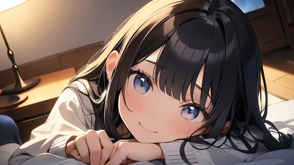 (highest quality、4K、8K、High resolution、masterpiece:1.2)、Super detailed、real:1.37、20歳のIdol、long black hair、Big eyes、Idol、indoor、Home、night、Dozing off、Dozing off、cozy atmosphere、dreamy lighting、soft shadow、calm expression、relaxed body posture、Soft colors、peaceful atmosphere、the room is dark、close up of face、From above、Smile a little