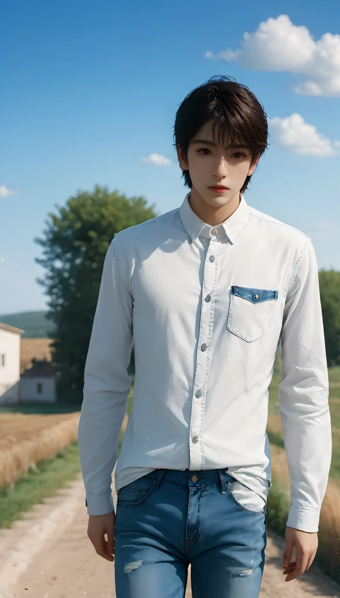 (masterpiece, best quality:1.2), 1boy,black eyes,black hair,blue sky,blurry background,buttons,day,denim,depth of field,jeans,standing,Short hair,lips,long sleeves,looking at viewer,outdoors,pocket,realistic,shirt,Long hair,solo,standing