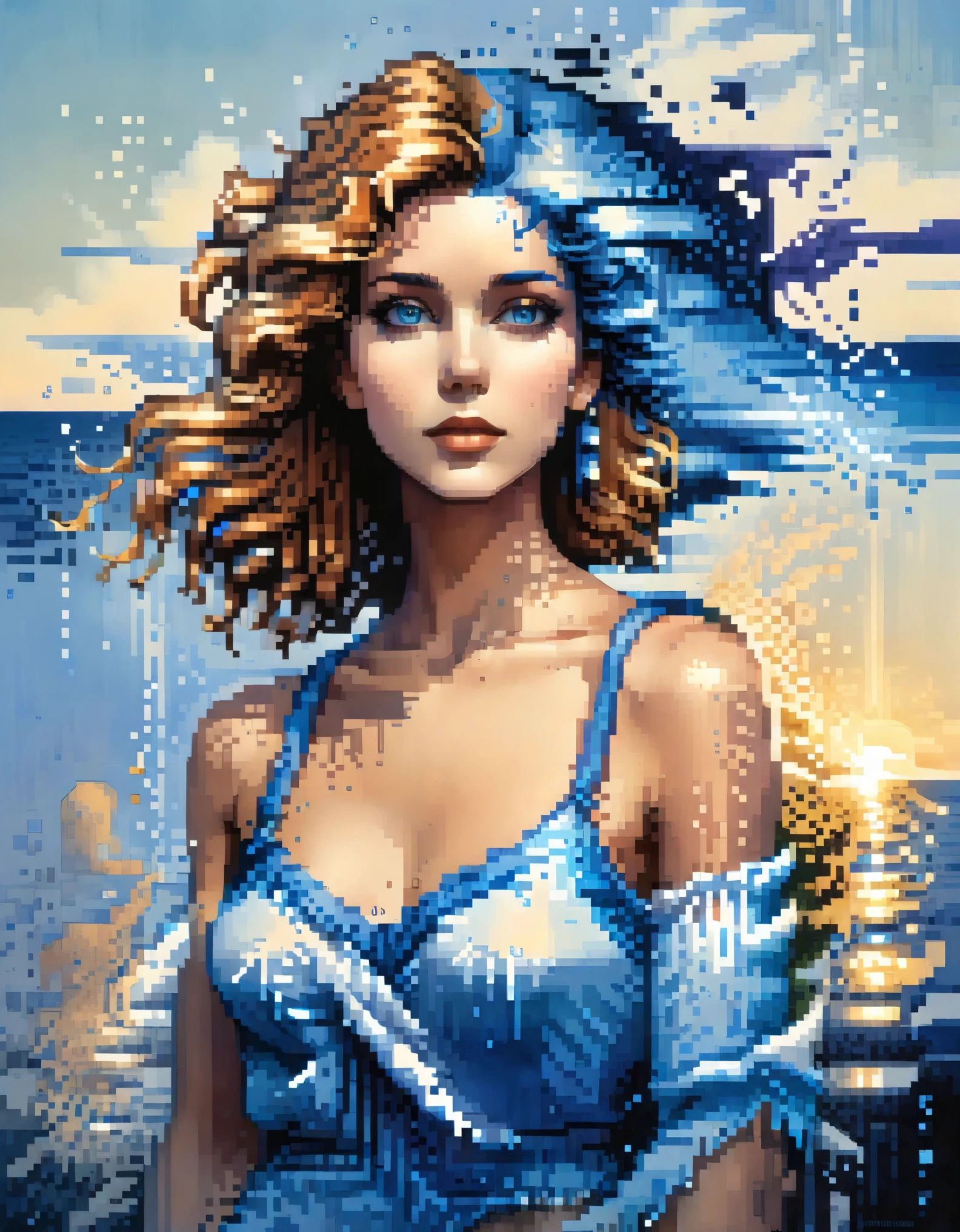 pixel art,in style of Apollonia Saintclair, beautiful details，Beautiful goddess Athena in a blue gradient color of dissolved pixels，（whole body），Extraordinarily beautiful blue eyes，gradually decompose，Golden sunshine shines in，Partial reflection in water，