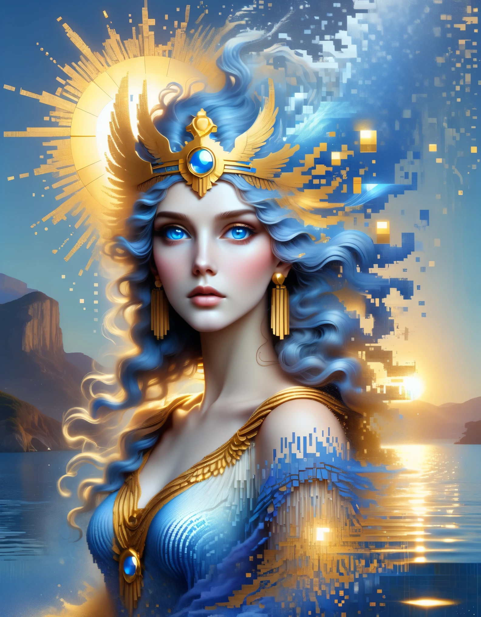 pixel art,in style of Agnes Lawrence Pelton, beautiful details,Beautiful goddess Athena in a blue gradient color of dissolved pixels,(whole body),Extraordinarily beautiful blue eyes,gradually decompose,Golden sunshine shines in,Partial reflection in water,
