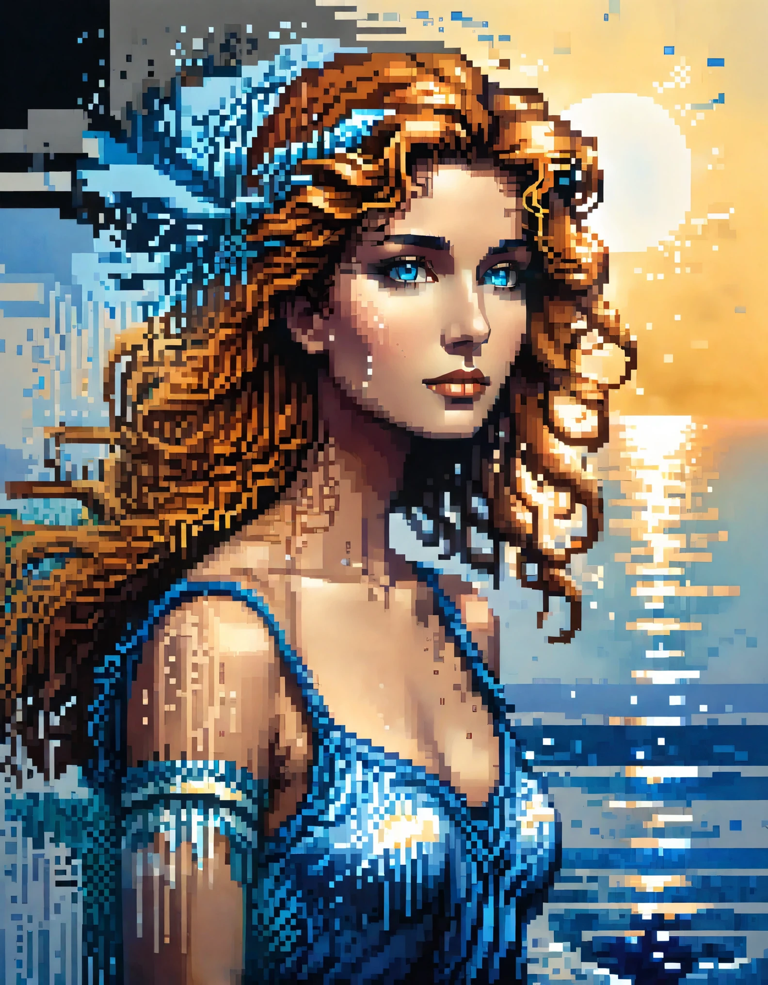 pixel art,in style of Apollonia Saintclair, beautiful details，Beautiful goddess Athena in a blue gradient color of dissolved pixels，（whole body），Extraordinarily beautiful blue eyes，gradually decompose，Golden sunshine shines in，Partial reflection in water，