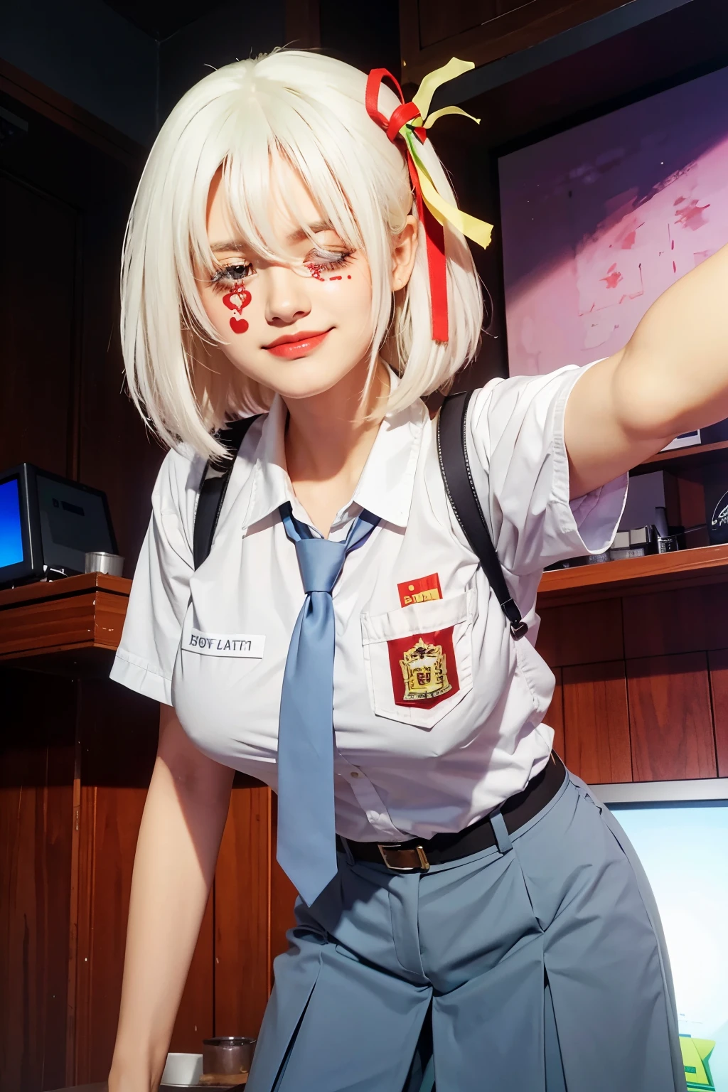 (photorealistic:1.4), best quality, masterpiece, ultra high res, 1girl, (detailed face:1.2), (detailed eyes:1.2), (detailed hair:1.2), (detailed clothes:1.2), 4k, (detailed color:1.2), Ultra detail texture, ulta detail, ultra hight, realistic, 16k, selena (/mobile legends bang-bang/), perfect body, bobs, full body, 1 woman, bokeh, detail eyes, detail face, White hair, scarf