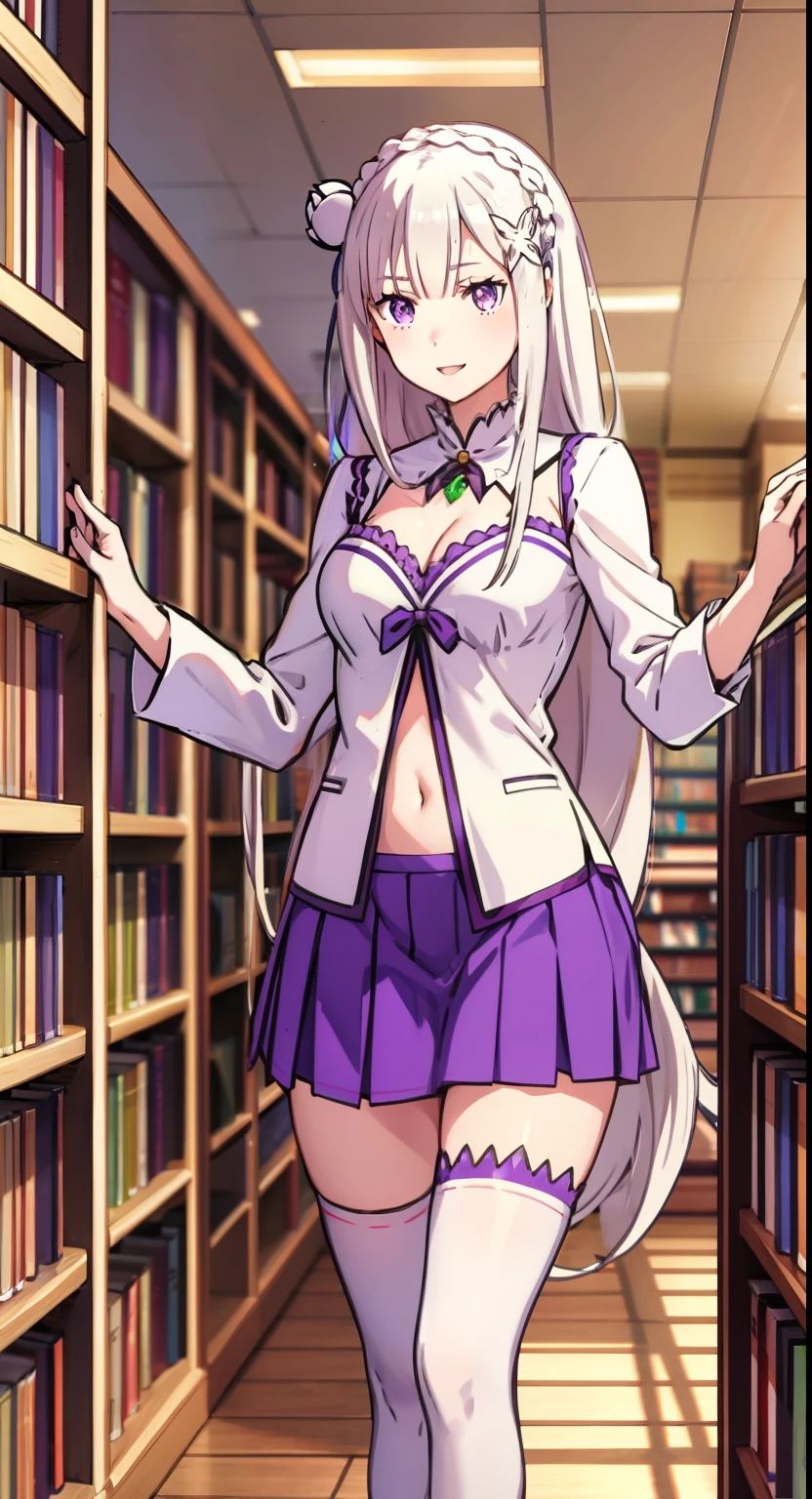 Emilia re:zero, purple eyes, Emilia, crown braid, x hair ornament, flower hair ornament, white hair, very long hair, medium breasts,, slim legs, happy, cleavage, short skirt, navel, school uniform, thigh high socks, standing, library