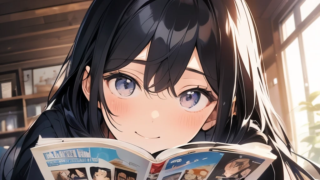 20歳のIdol、hair is black、long hair、eyes are big、Idol、inside the house、Reading a magazine