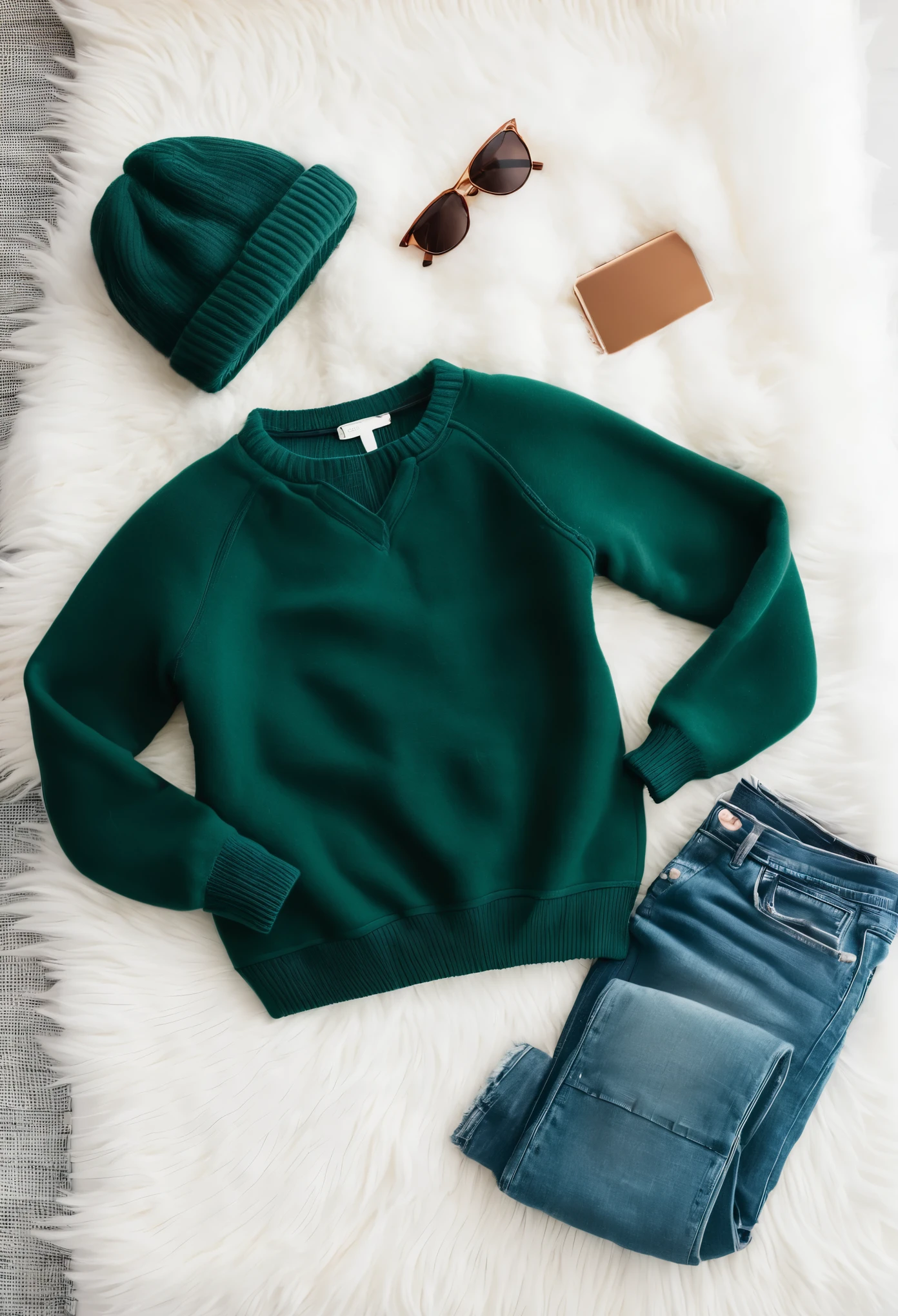Create sweatshirt mockup, polyester and cotton fabric, top view, dark green sweatshirt lying on a white furry curpet, jeans, wallet, sunglass, Hat, Smart Phone around the sweatshirt, on the white furry curpet, Flat white background, full sleeve sweatshirt, crew neck design, The collar is ribbed knit, crewneck sweatshirt