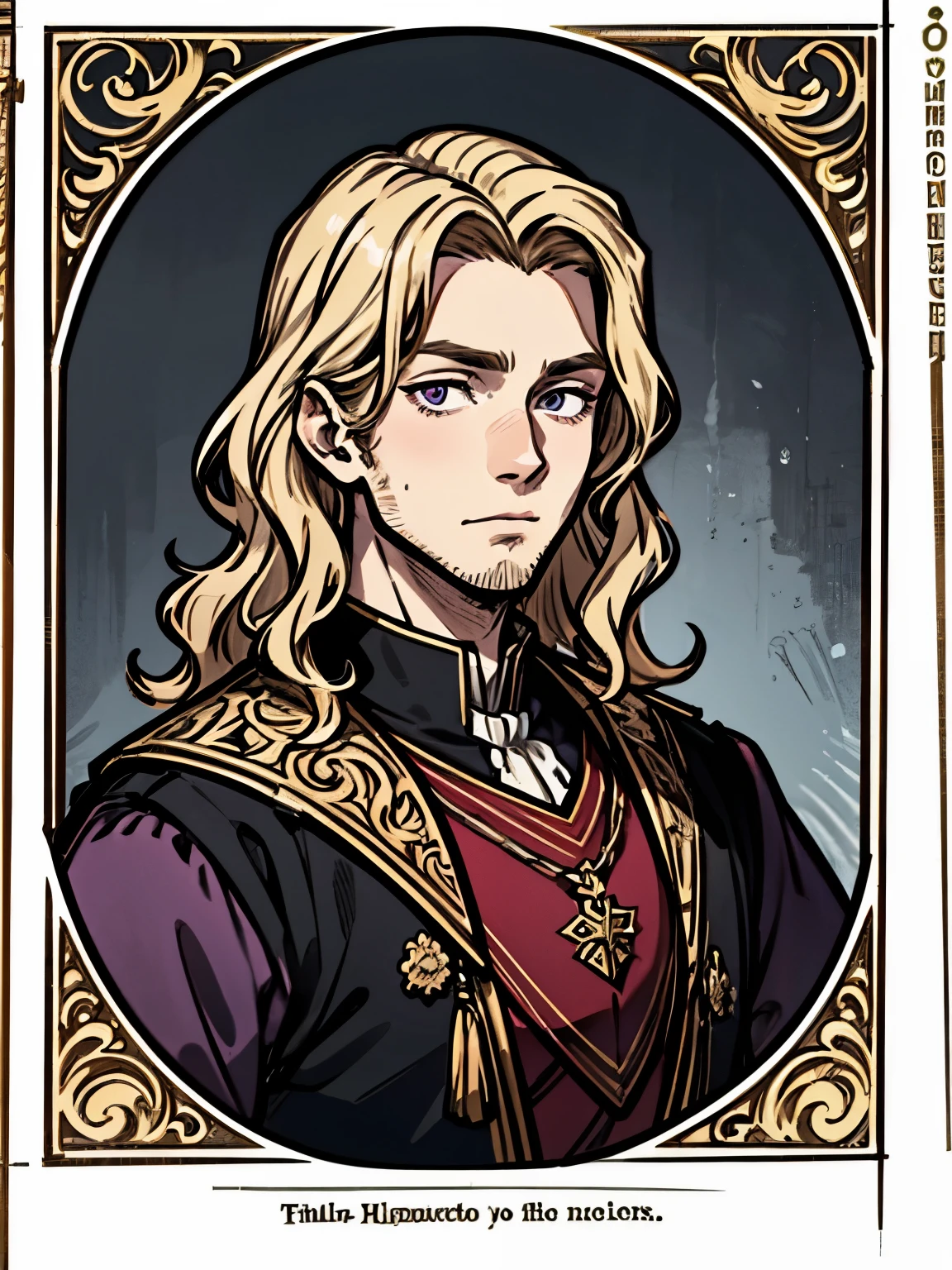 ((1man about 18 years old)), blond, shoulder-length, middle-part wavy hair, light purple, Sanpaku eyes, little eyebrows, thin beard, fine-boned nose, bullish expression, medieval European royal formal attire, portrait