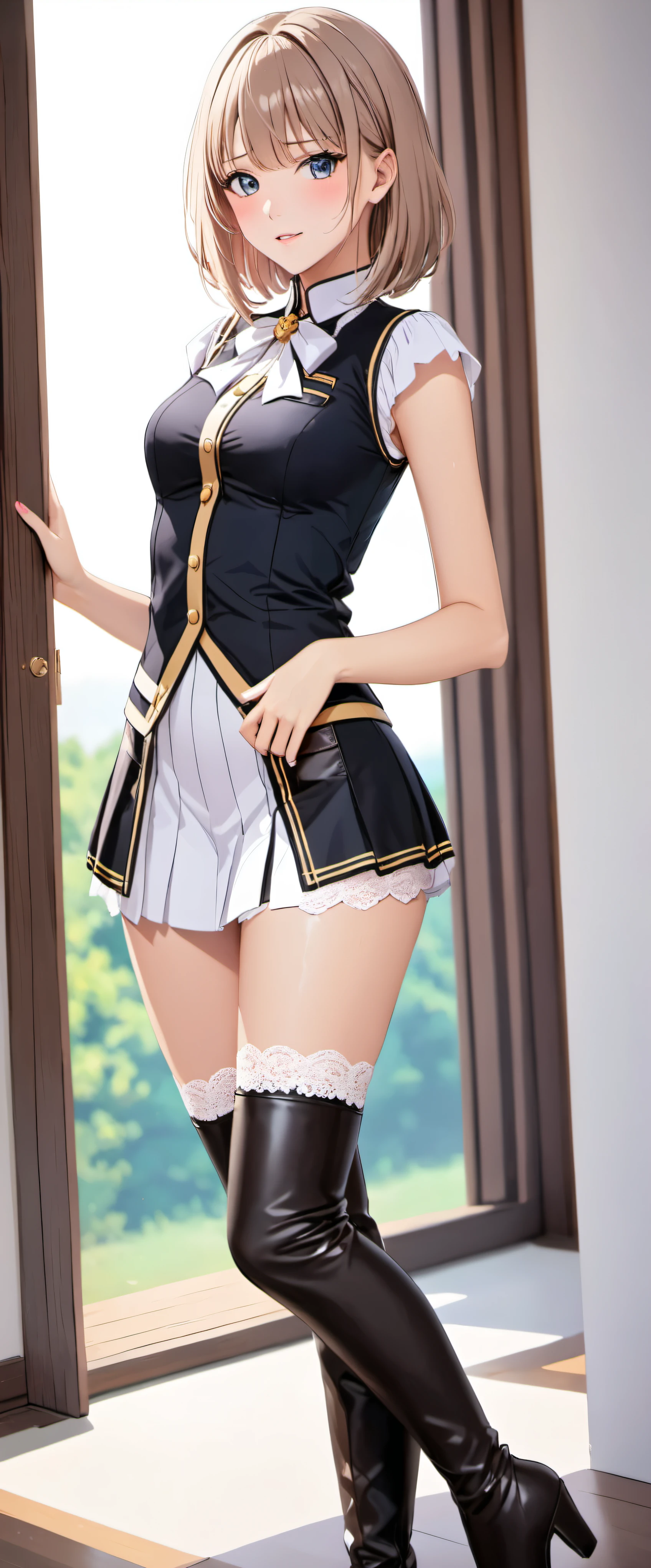 High resolution, adult woman , good lighting, despicable, , (No nudity), (((Shiny navel lace queen uniform))), (()), (((leather thigh high boots))), (garter belt), abdomen only, (wet shorts),  ,  cute face, I&#39;Iは恥ずかしくて赤面します, humiliating, ((look back)), ((mini skirt))(Racecourse)(T-back)(A large amount of material is attached to the body,)
