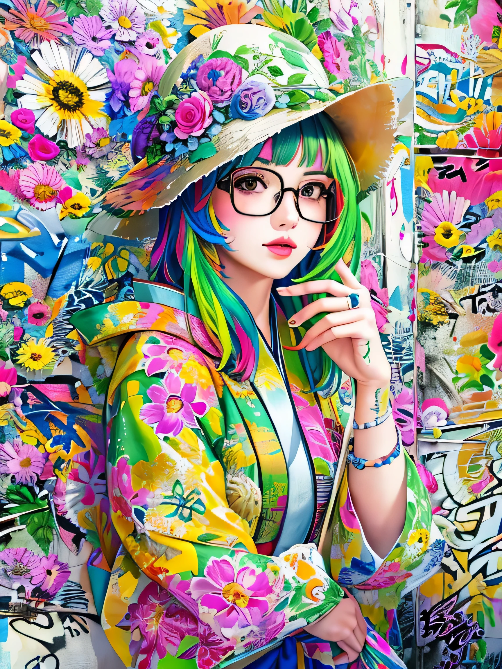 8K quality, watercolor painting, stylish design, (((The strongest beautiful girl of all time))), (((Japanese)))、Idol、clear, stylish glasses, Fashionable hats, (((highest quality))), bob hair, Place your hands on the wall, HDR, ((Detailed details)), stylish fashion, detailed clothing texture, (((graffiti art))), colorful hair, ((masterpiece))、((Super detailed))、(((colorful flowers)))