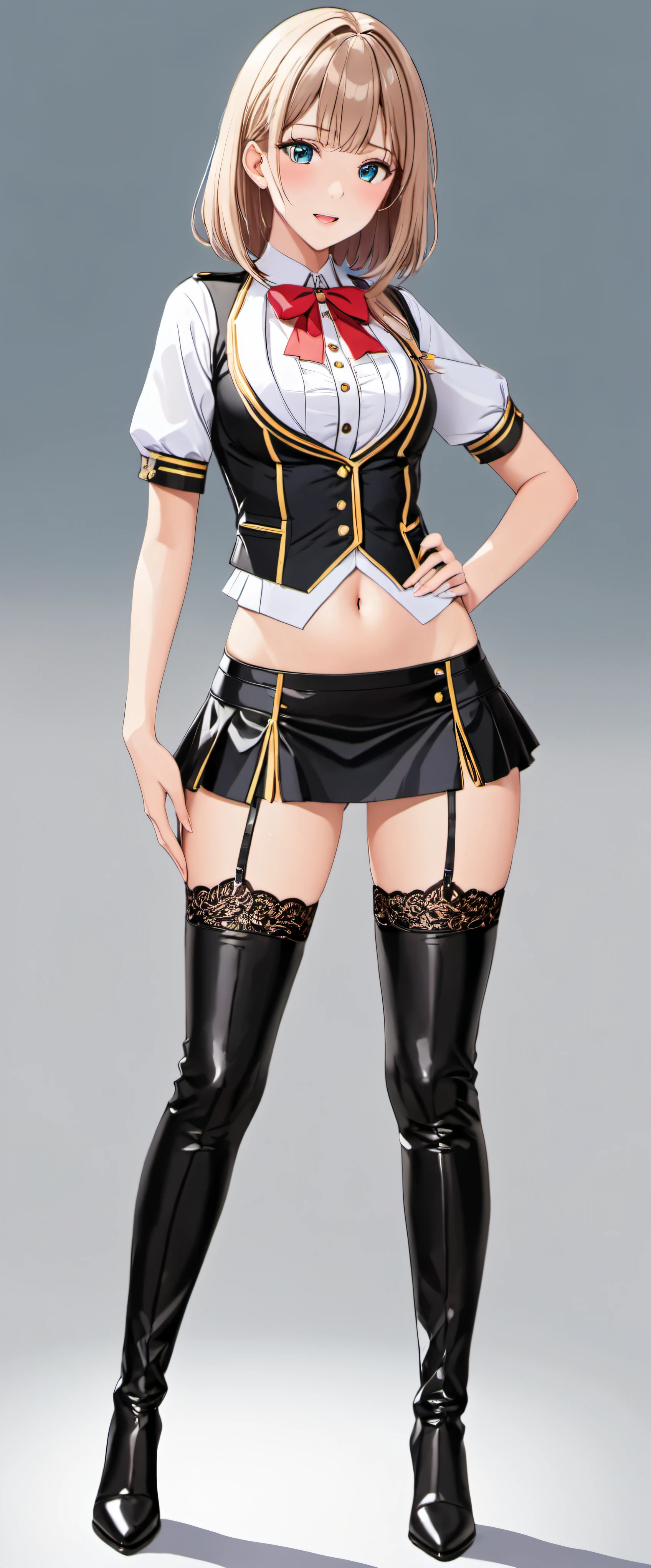 High resolution, adult woman , good lighting, despicable, , (No nudity), (((Shiny navel lace queen uniform))), (()), (((leather thigh high boots))), (garter belt), abdomen only, (wet shorts),  ,  cute face, I&#39;Iは恥ずかしくて赤面します, humiliating, ((look back)), ((mini skirt))(Racecourse)(T-back)(A large amount of material is attached to the body,)