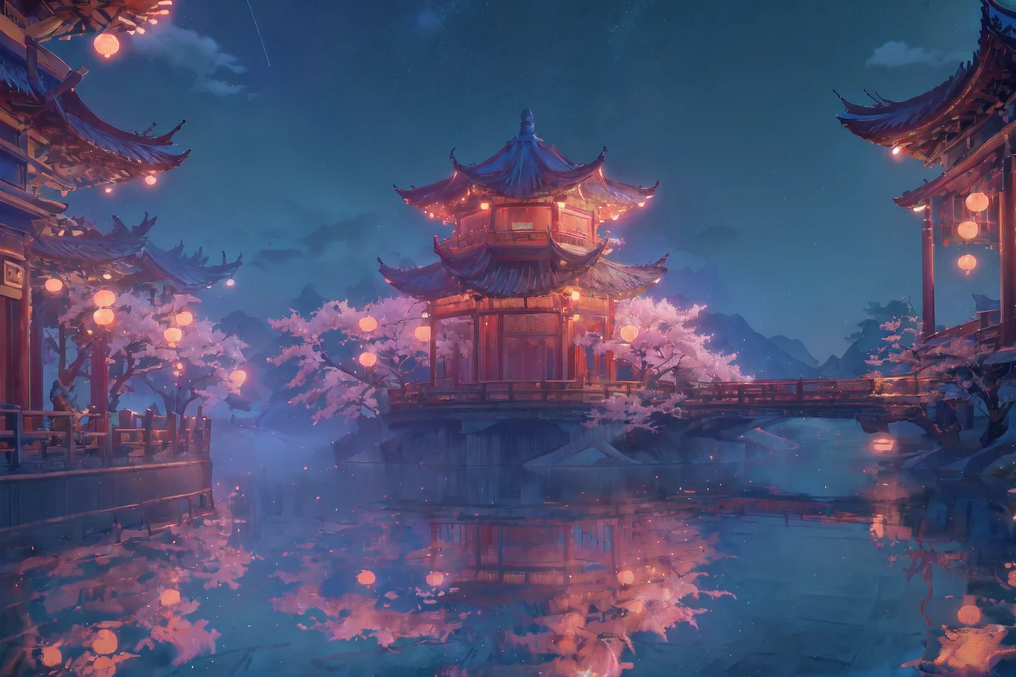 (masterpiece, best quality:1.2), (\sai bo gu feng\), landscape, no humans, tree, Sky, night, Star \(Sky\), Outdoor sports, architecture, night Sky, east asian architecture, reflection, Starry Sky, building, water, bridge, Cherry blossoms, railing, 