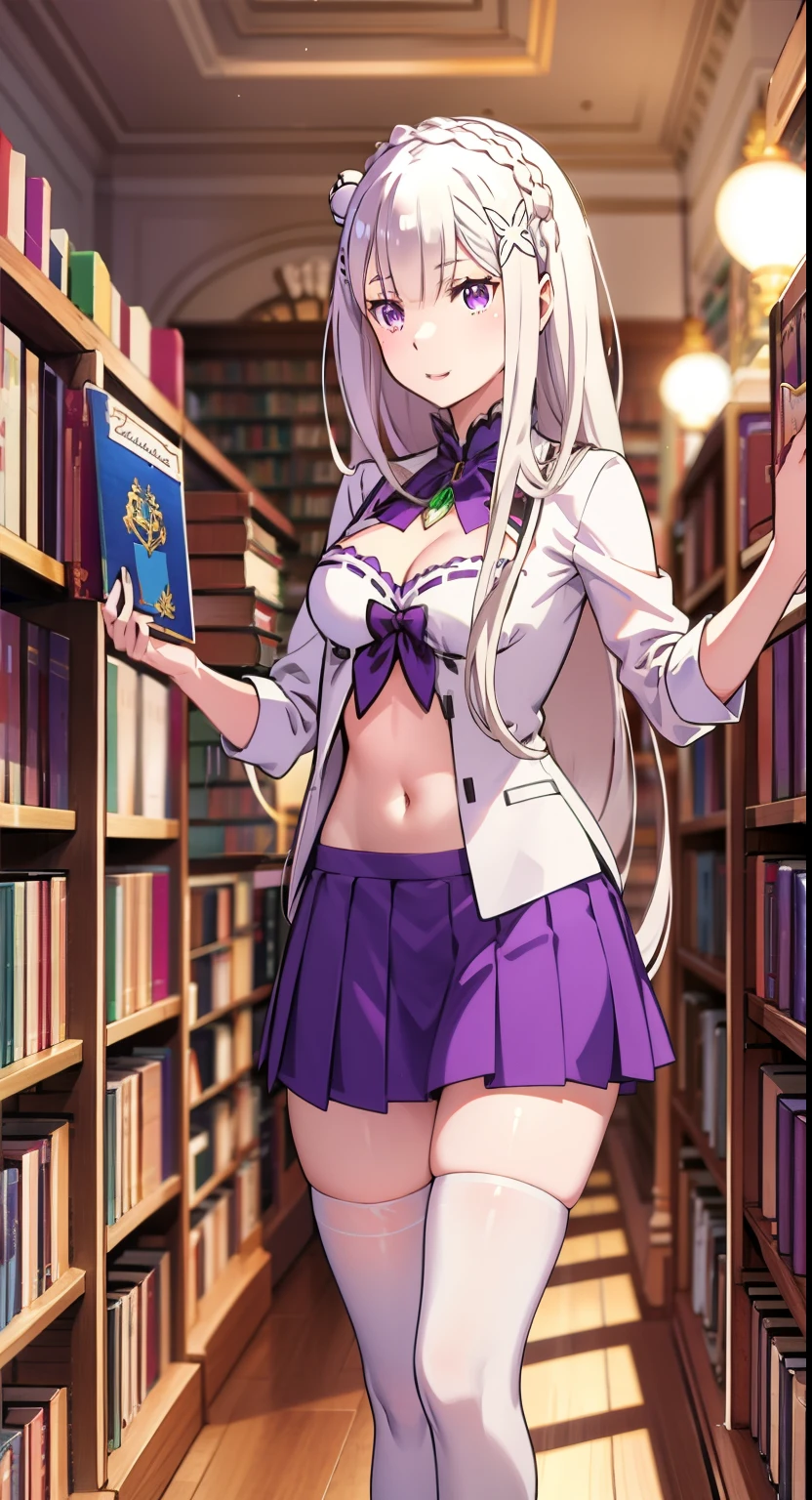 Emilia re:zero, purple eyes, Emilia, crown braid, x hair ornament, flower hair ornament, white hair, very long hair, medium breasts,, slim legs, happy, cleavage, short skirt, navel, school uniform, thigh high socks, standing, library