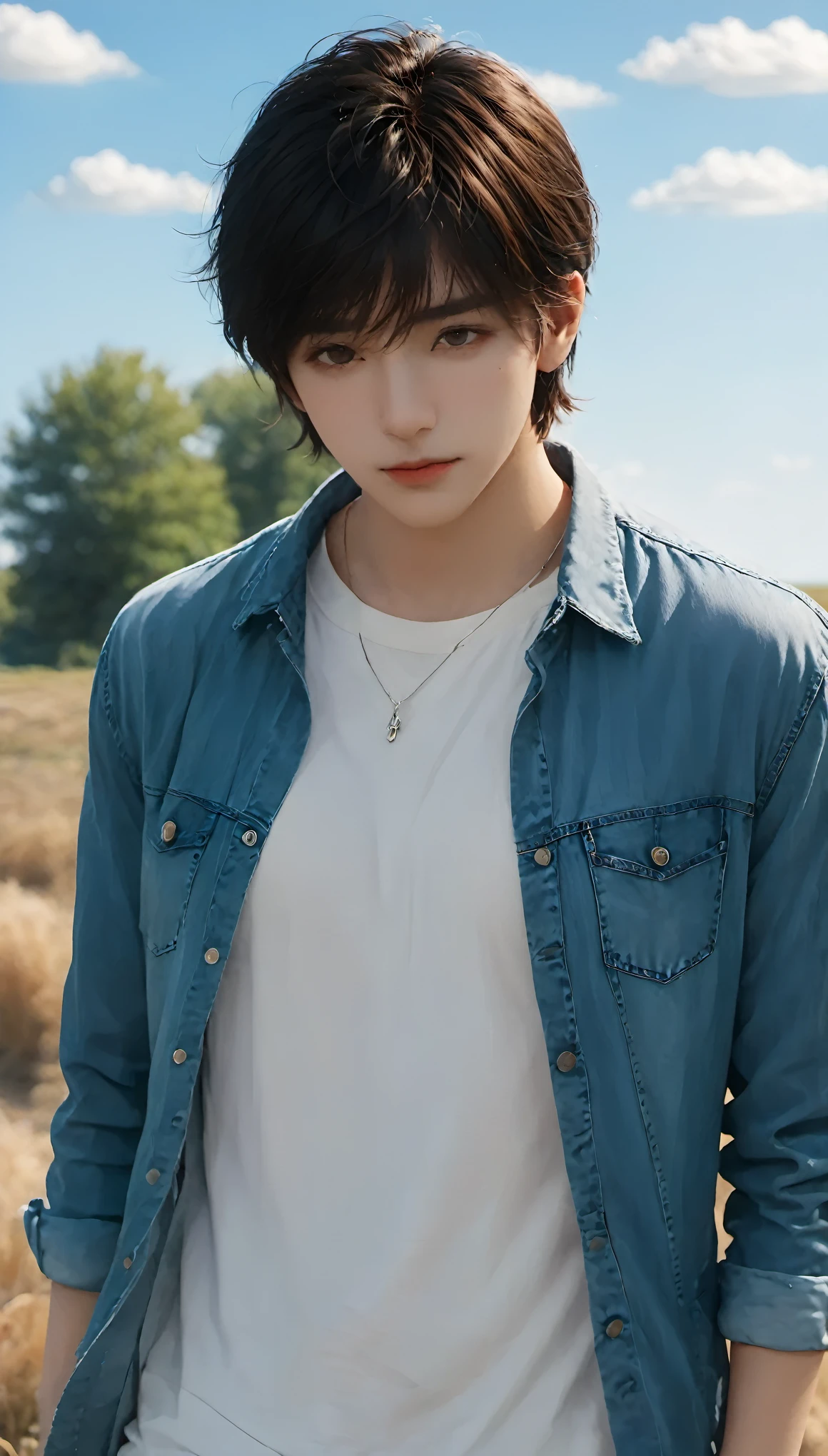 (masterpiece, best quality:1.2), 1boy,black eyes,black hair,blue sky,blurry background,buttons,day,denim,depth of field,jeans,standing,Short hair,lips,long sleeves,looking at viewer,outdoors,pocket,realistic,shirt,Long hair,solo,standing