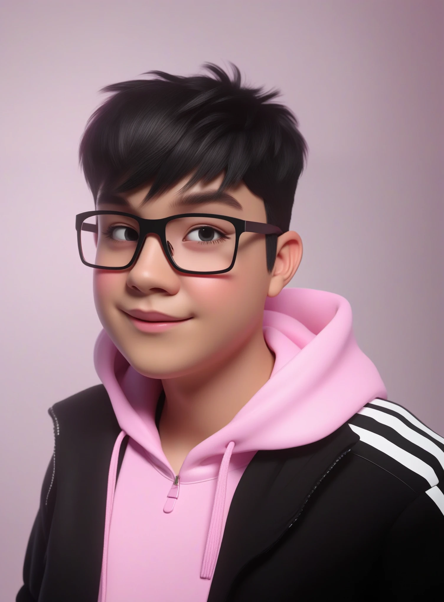 3d style a boy with glasses wearing pink hoodie and black jacket, 3d render, 3d character, cartoon