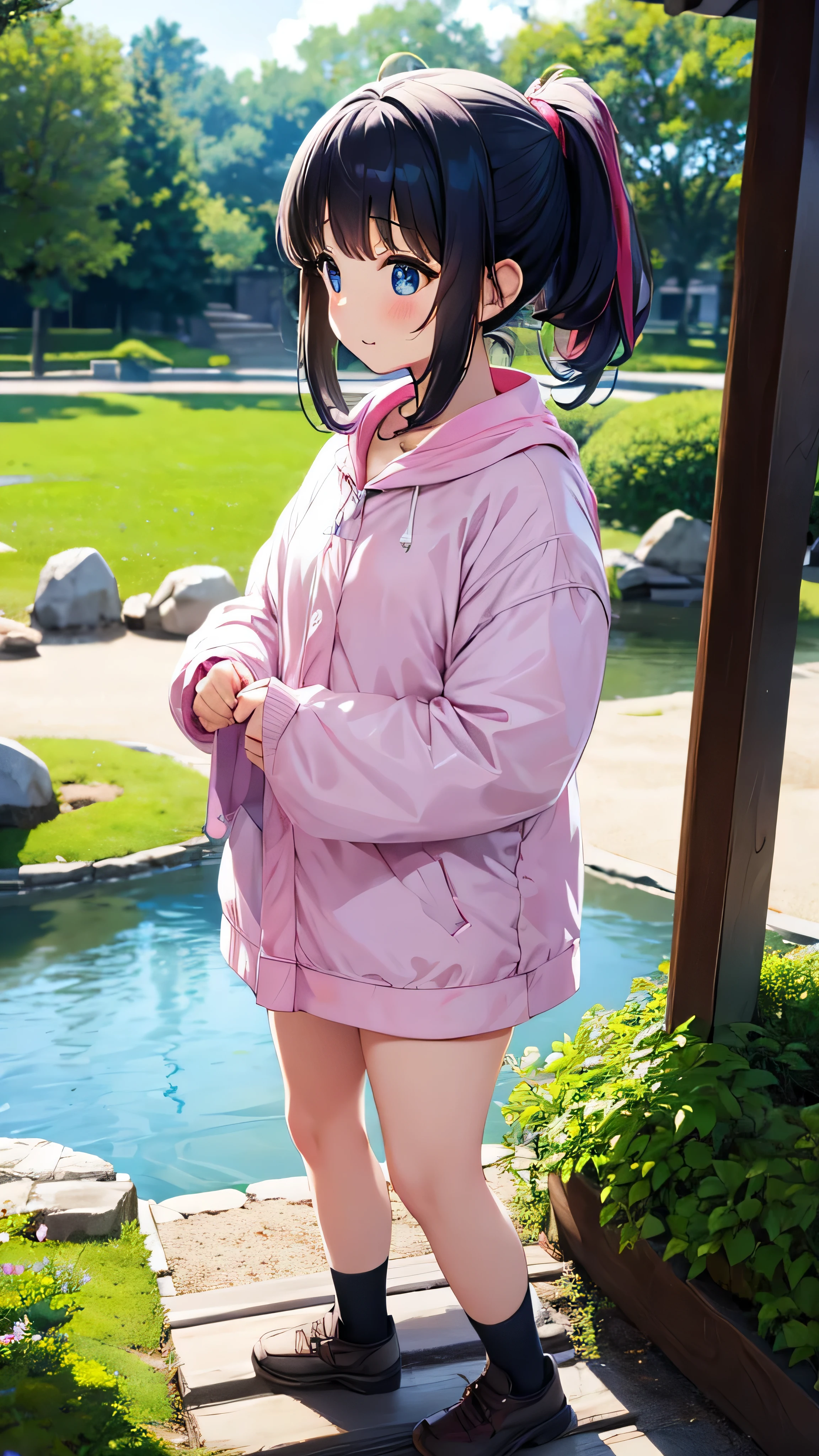 Cute anime characters、girl、噴水公園で笑顔が可愛いgirl、ponytail