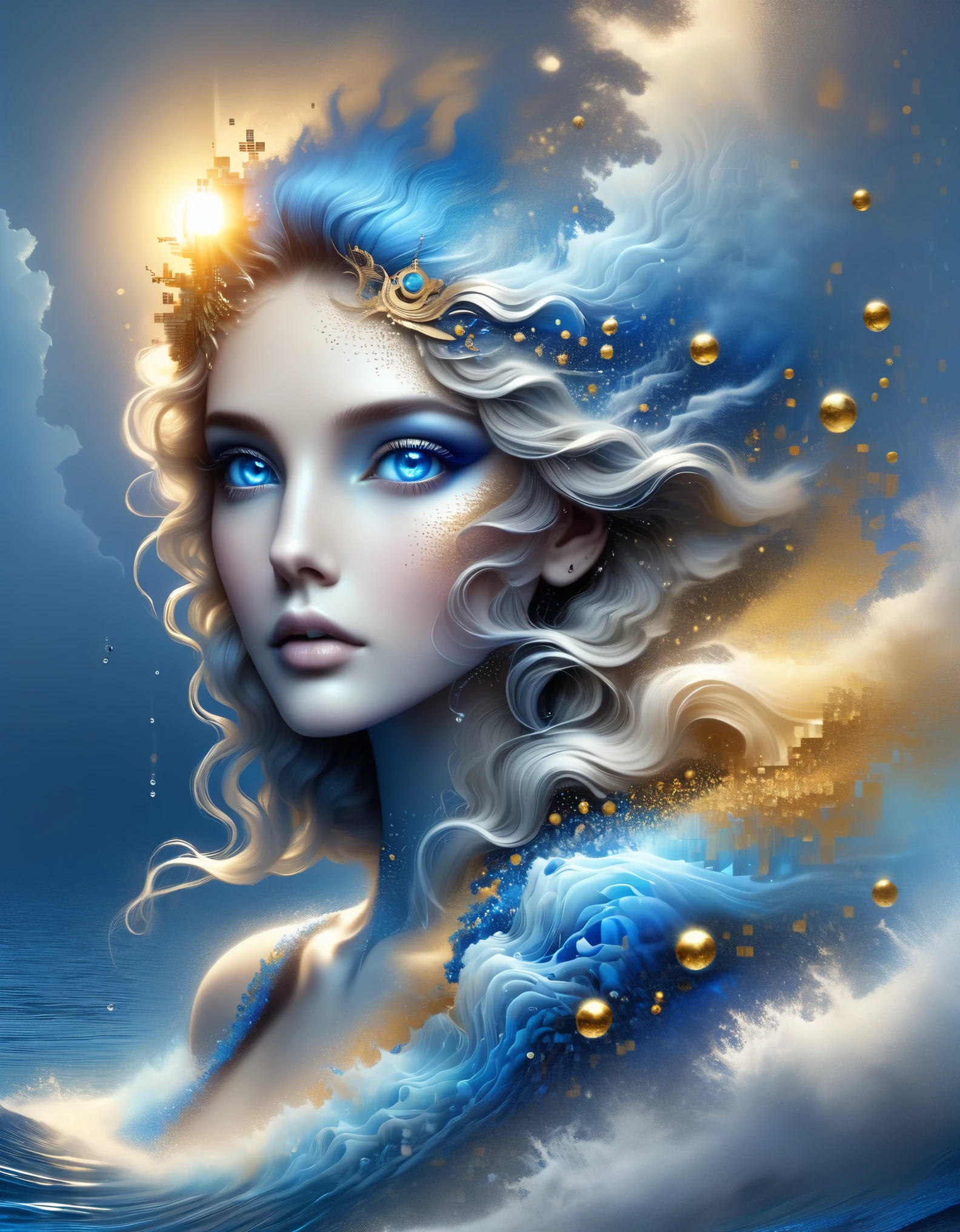 pixel art,iin style of Caras Ionut, beautiful details，n style of Agnes Lawrence Pelton, beautiful details，Beautiful goddess Athena in a blue gradient color of dissolved pixels，（whole body），Extraordinarily beautiful blue eyes，gradually decompose，Golden sunshine shines in，Partial reflection in water，