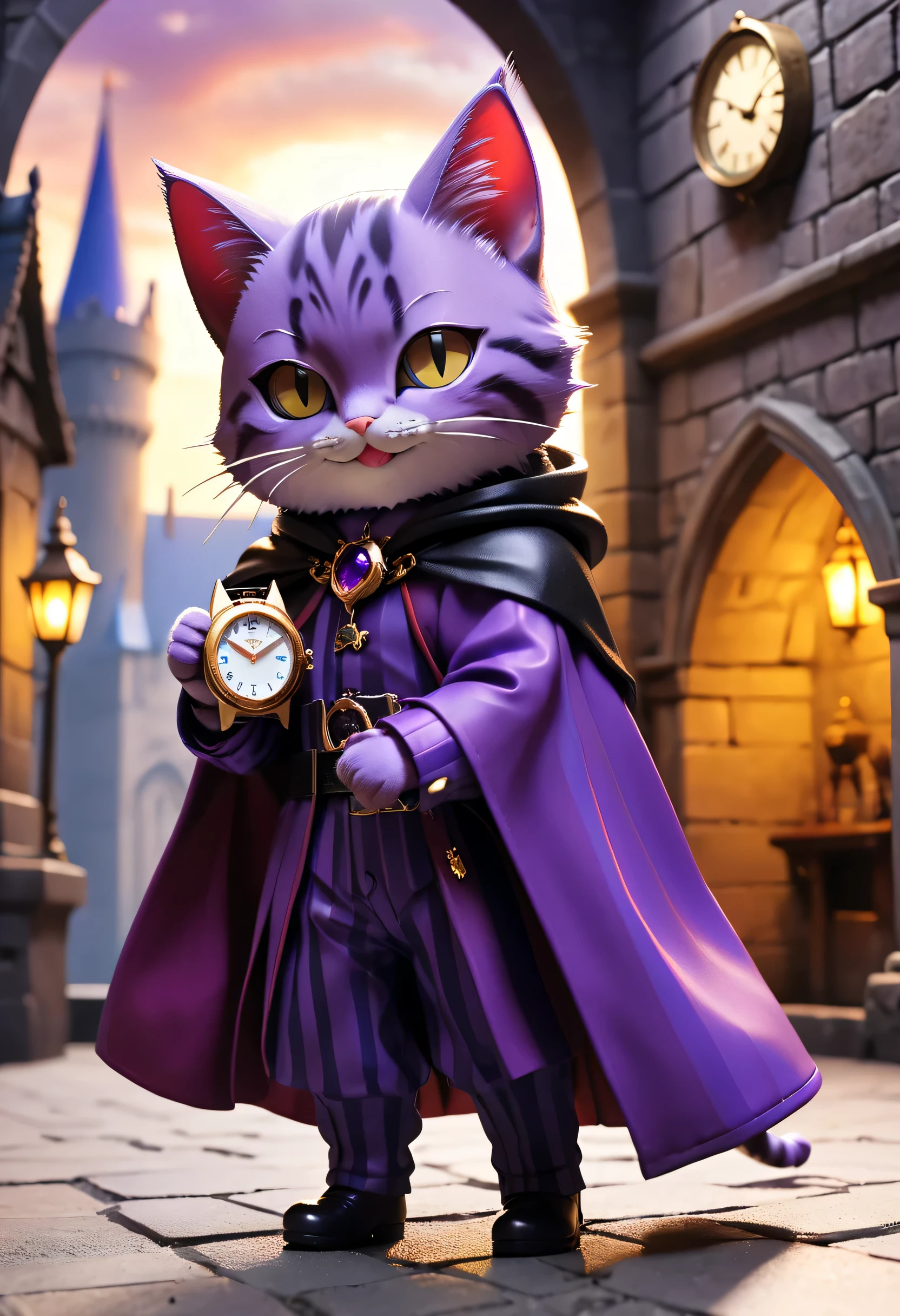 Full body Esbian、cool purple striped cat、pop purple striped cat、Inappropriate smile、devil&#39;the smile of、glare、diorama、simple background、aristocrat cloak、Holding a watch in his hand、castle in the background、highest quality, Capture the cutest moments, written boundary depth, Super detailed, ultra high resolution, octadale, 8K, 16km race