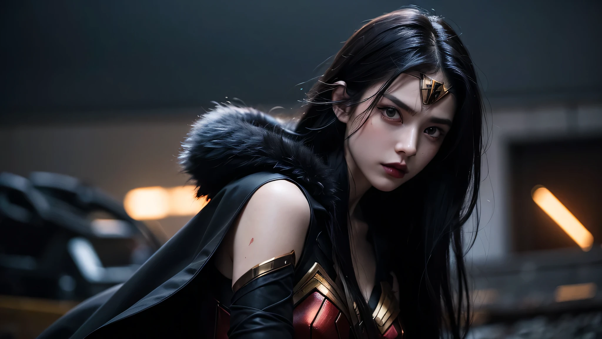 1 female, red_eye, black hair, extreme length hair, straight_hair, run down hair, wonder woman suit, sad_face, masterpiece, highest quality, Super detailed, (detailed background), perfect shading, high contrast, best illumination, very detailed, ray tracing, realistic lighting effects, neon noir illustration, perfectly generated hands, looking at both hands with sadness, whole body_portrait, (black lipstick), black eyeliner, black eyeshadow:1.3, pale skin:1.4, black nails, black cloak, fur cape & length. background firearound, rock, Remains, rain fire, Far thunder.perfect body,(lie:1.3)