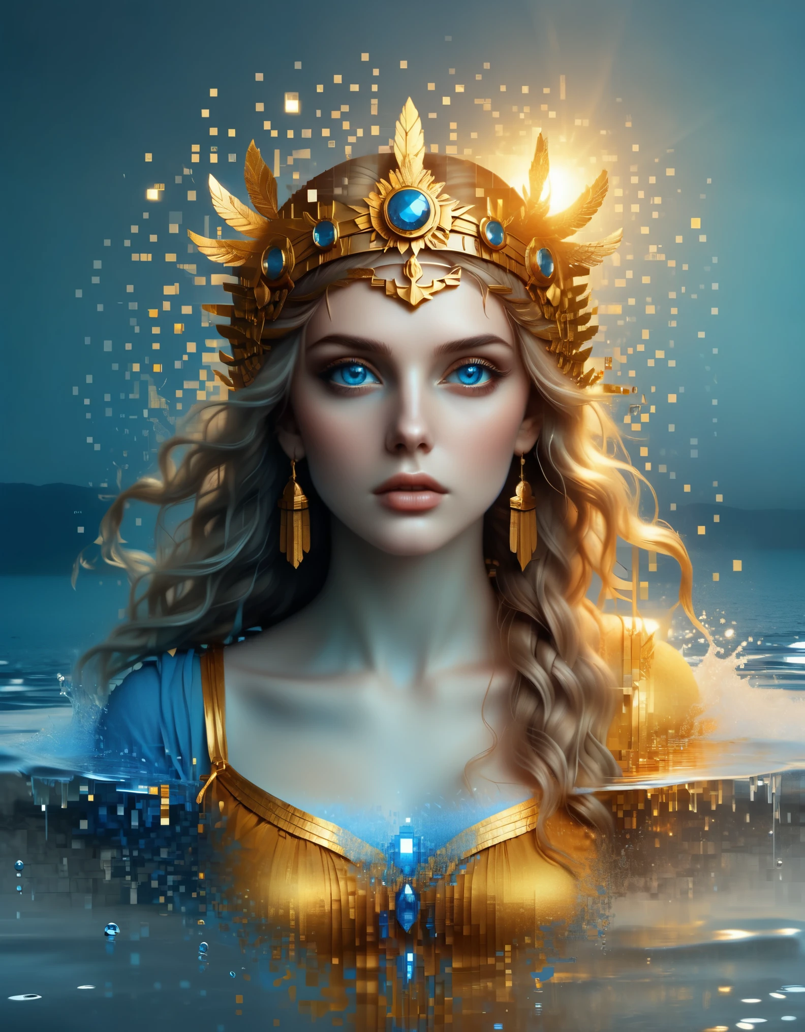 pixel art，in style of Caras Ionut, beautiful details， beautiful details，Beautiful goddess Athena in a blue gradient color of dissolved pixels，（whole body），Extraordinarily beautiful blue eyes，gradually decompose，Golden sunshine shines in，Partial reflection in water，