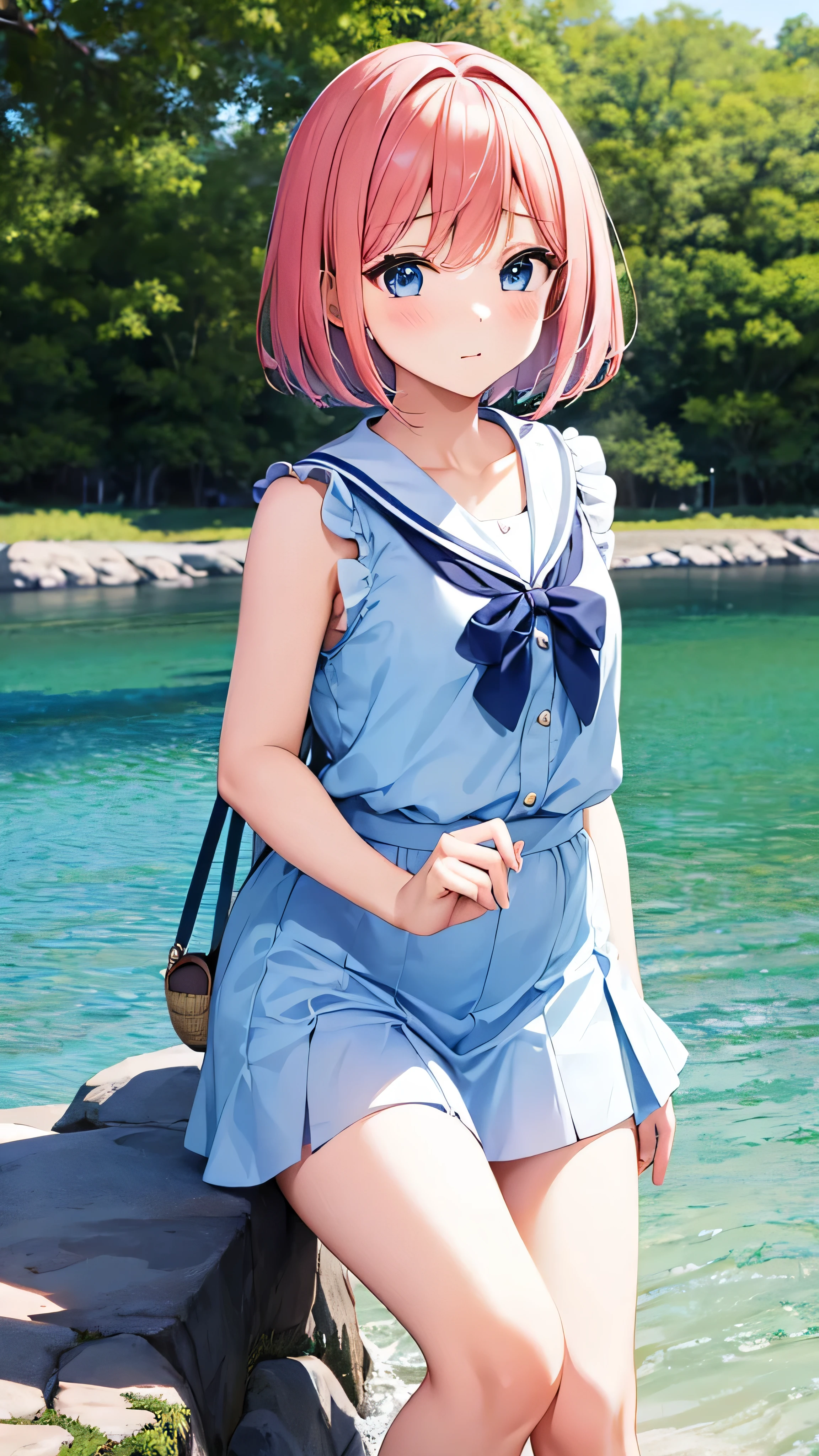 Cute anime characters、girl、噴水公園で笑顔が可愛いgirl、short bob