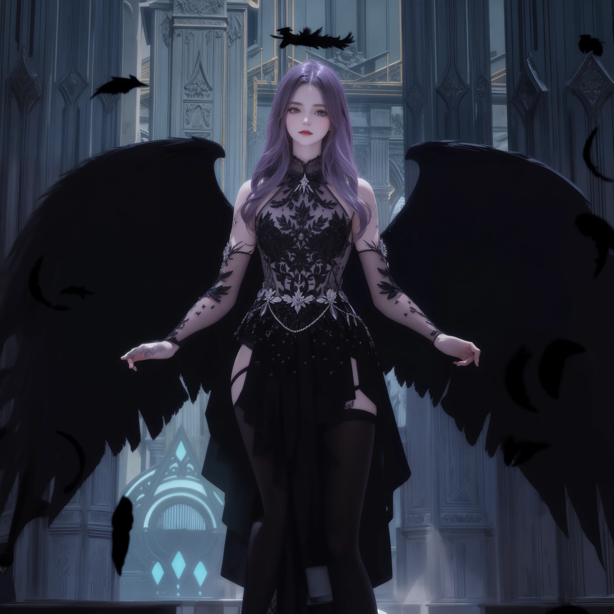 il y a une femme avec des ailes debout devant un immeuble, the bad girl has wings'ange noires, Raven Winged Female Vampire, dark feathered wings, des ailes noires au lieu de bras, Ange noir, a des ailes noires, ange aux ailes noires, ange majestueux complet du corps, par Yang J., Dark six-armed goddess, porter des ailes en dentelle, femme seigneur du changement