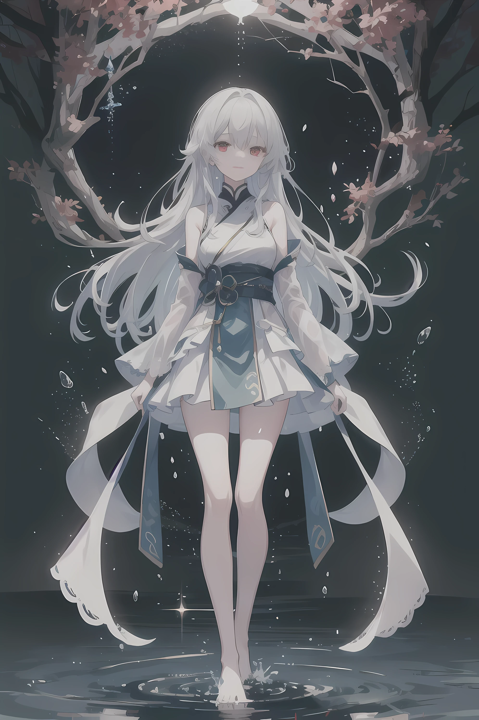 Ultra HD quality,8K,Dreamy beautiful moonlight in dark forest。View of a 15-year-old girl from above。(Wet messy silver hair and red eyes)。smile slightly。She only wore a long transparent white cloth,It has beautiful lace trim on it。Soak the cloth in water。(splashing in the dark forest lake at night)。(Hair or clothes are wet)。splash。Wet hair。Dripping water droplets。梦幻般的萤火虫在空中float、Light also reflects from water。near method and far method。glitter effects。Dynamic composition with depth。extremely high quality、high level of image quality、extremely refined。Rare workmanship,round,Room, Strong breasts),barefoot,float,water surface,(long legs,long legs,long legs,Gestalt),full-body shot。standing posture