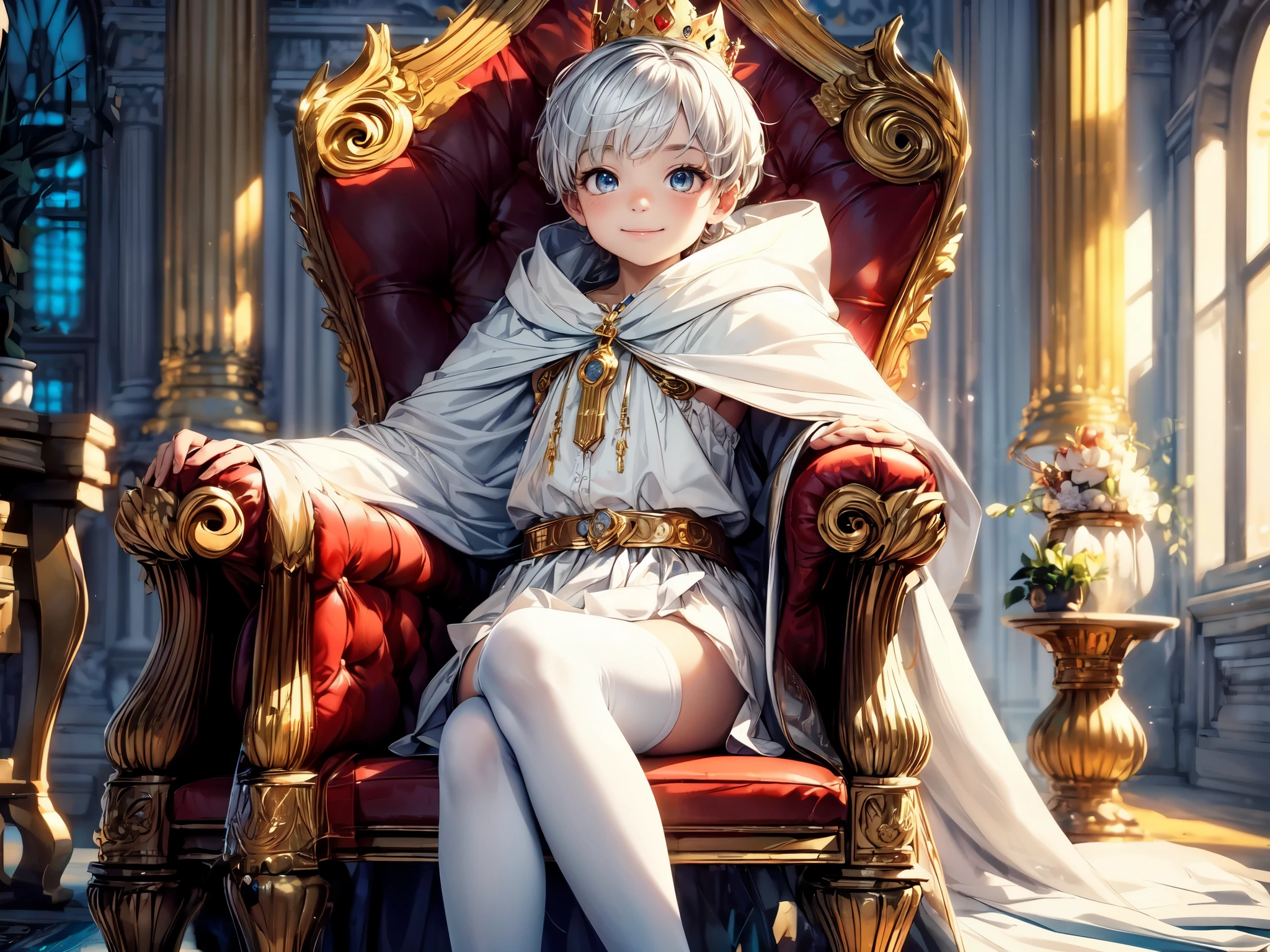 (wide angle), (best quality,4k,8k,highres,masterpiece:1.2),ultra-detailed,(realistic,photorealistic,photo-realistic:1.37), (solo), A cute ( boy:1.1) wearing a (white cloak) and a (very long translucent silk long skirt:1.1), best wrinkle, best shadow, (translucent White long stockings), legs under the dress, soft curly hair, sparkling eyes, (curious sparkling eyes, innocent smile, cheeks rosy with happiness), dainty silver crown on his head, (Sitting on an exquisite and solemn throne), In the magnificent palace, bathed in warm golden sunlight, creating a dreamy and magical atmosphere.