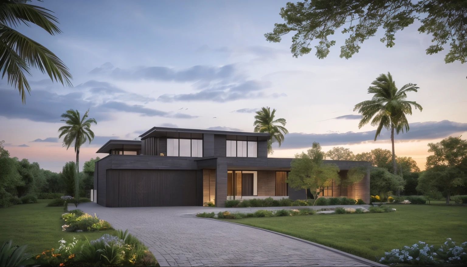 (masterpiece),(high quality), best quality, real,(realistic), super detailed,(full detail),(4k),8k,modern house exterior design,Modern architecture,Beautiful_sky,Day_light, no_humans, outdoors,sky,Tropical_trees,Garden_flower_front_of_building,