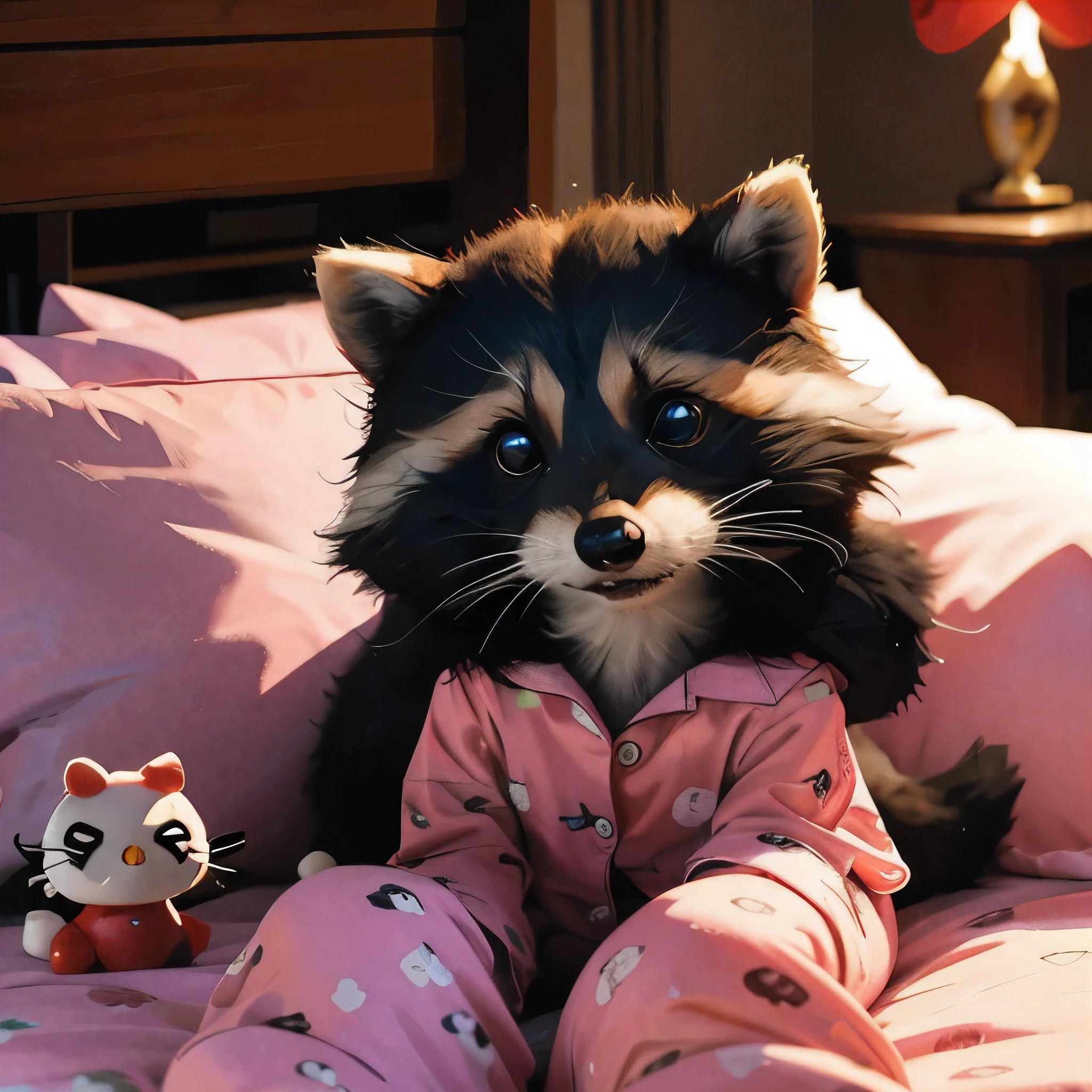 create a high-definition image of a raccoon wearing pajamas belonging to the character Kuromi from Sanrio's Hello Kitty world, segurando uma pelucia da kuromi