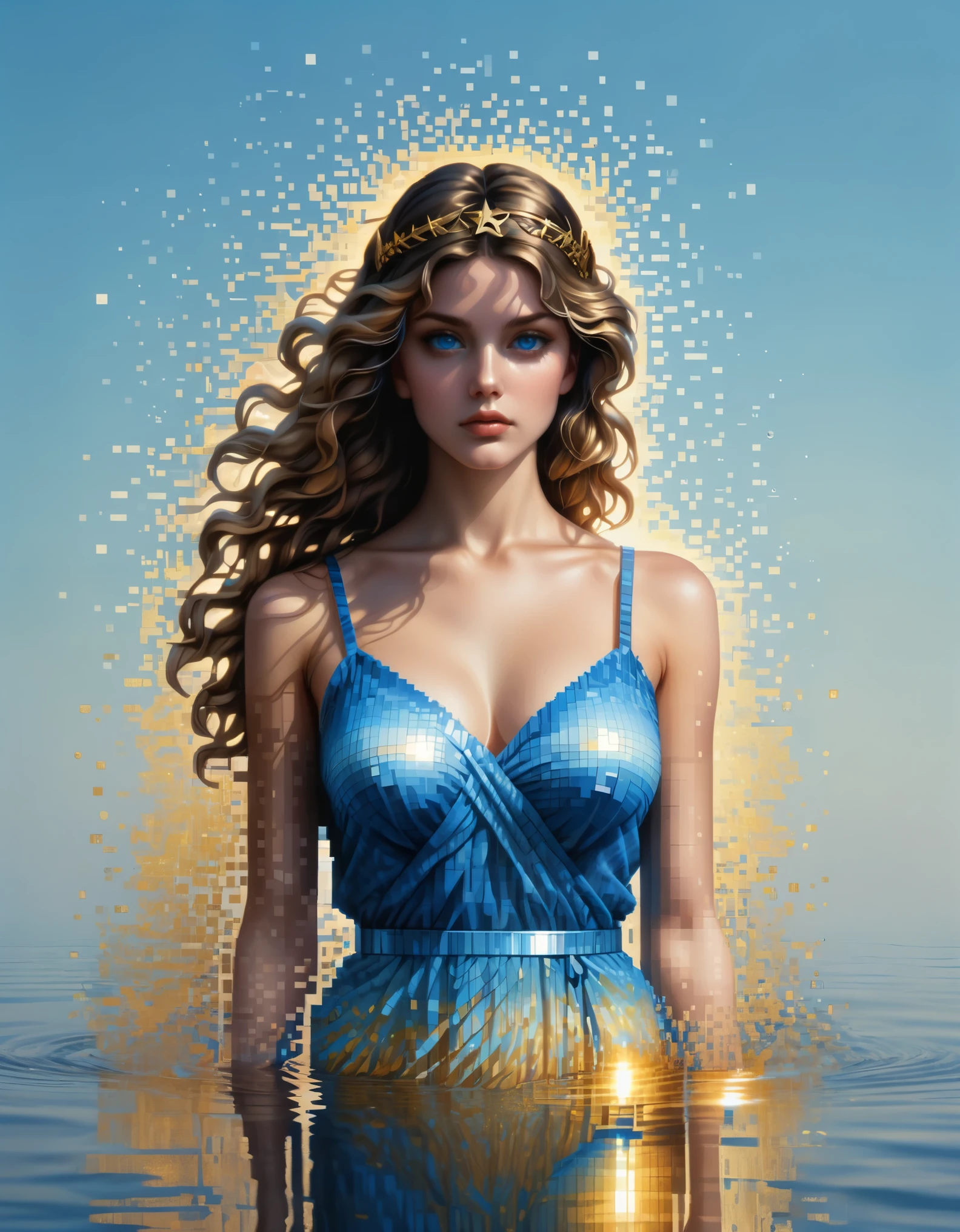 pixel art,in style of Apollonia Saintclair, beautiful details，Beautiful goddess Athena in a blue gradient color of dissolved pixels，（whole body），Extraordinarily beautiful blue eyes，gradually decompose，Golden sunshine shines in，Partial reflection in water，