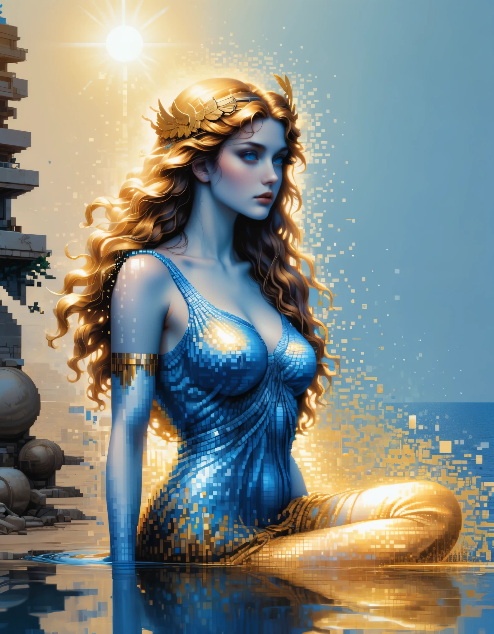 pixel art,in style of Apollonia Saintclair, beautiful details,Beautiful goddess Athena in a blue gradient color of dissolved pixels,(whole body),Extraordinarily beautiful blue eyes,gradually decompose,Golden sunshine shines in,Partial reflection in water,