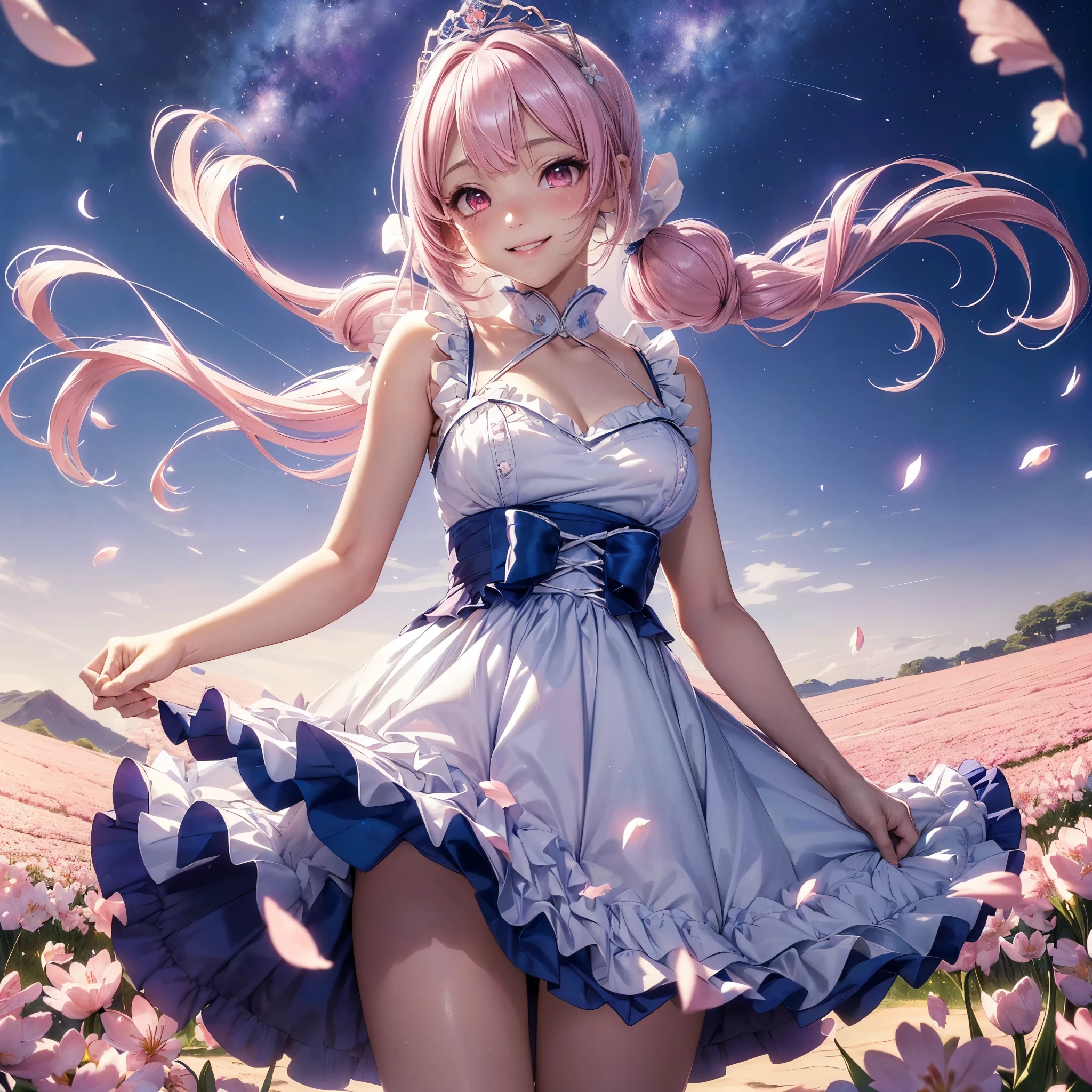 (8K, masutepiece, Highest Quality, Best Quality, Official art, Breathtaking beauty and aesthetics, A highly detailed, The best masterpiece in history that exceeds limits, Breathtaking and beautiful lighting:1.2), (1 Absolute Beautiful Girl, Solo:1.3), sixteen years old, (shiny white skin), (pink twin tail hair, Bangs:1.5), (adolable big pink eyes, drooing eyes:1.5), (Breathtaking Beautiful Blue long tight dress, Luxurious Details, super precision embroidery, Blue lace, Blue bow ribbon, Blue frill, Blue ruffle, silver thread, Diamond), (beautifully Luxurious Diamonds Tiara), (bust:1.3), (happy smile, Beautiful smile, Gentle smile, cute smile, innocent smile like an angel:1.2), (Attractive, amazing, Beautiful, Elegant, Luxurious, magnifica, Eye-catching, the ultimate beauty, Supreme Beauty, Superlative beauty, Elegant, Beauty, Graceful, Everyone loves it, Beauty that fascinates everyone, Healed, The highest level of complete beauty, cute like an idol, Stylish like a fashion model, Goddess-like grace, Be loved, cute little, adolable, Look at the camera, cute little pose, Happy), breathtaking scenery, (standing, Breathtakingly beautiful spring flower field, sakura petals dancing for wind, sakura, night sky:1.5),